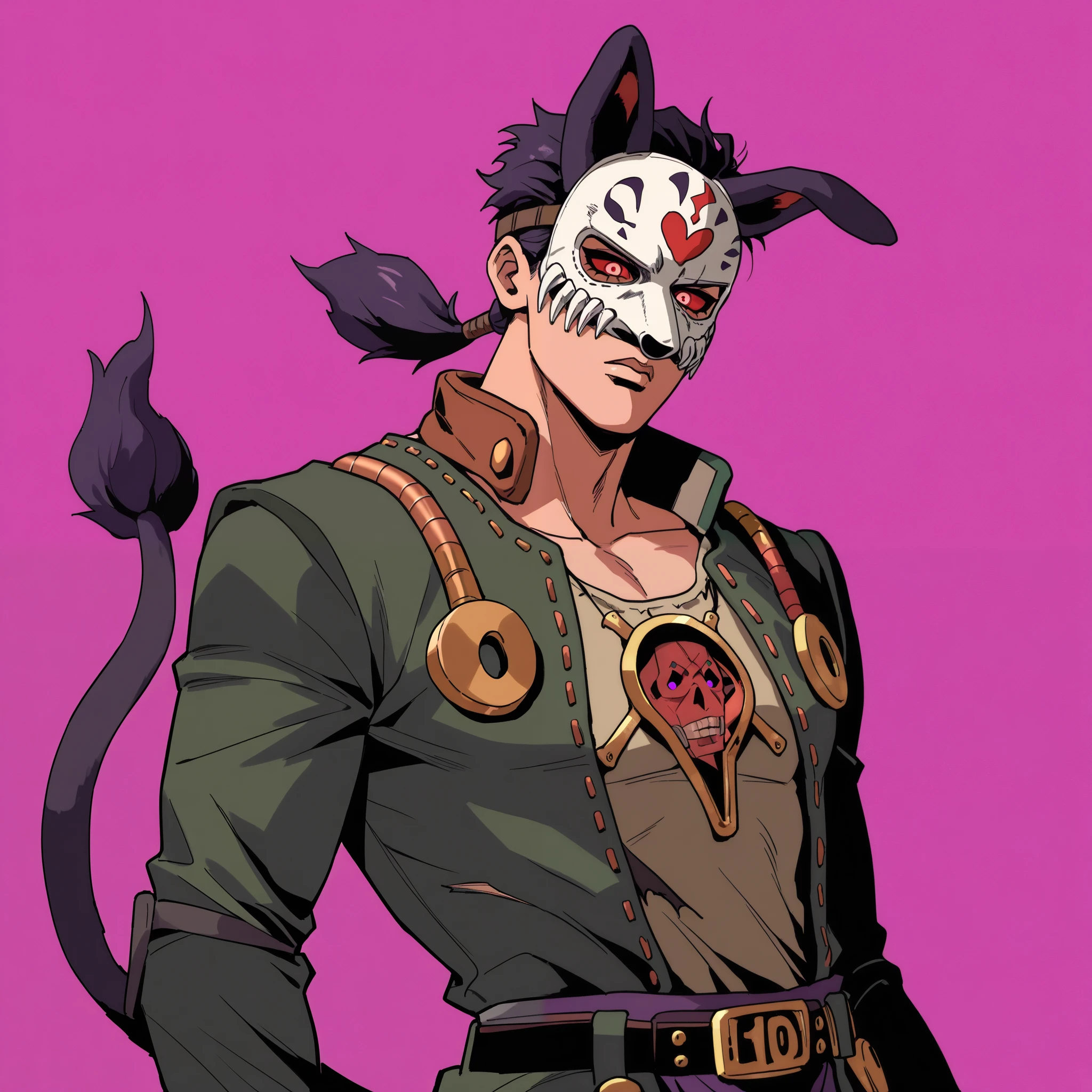 1mad, jojo style, solo, (simple background), all red glow eyes, red_sclera, purple background,upper body in view, (upper body at the waist), tall man, mad max clothes, upper body, ((Masterpiece)), (( top quality), high definition, detailed face , clean eyes, A mask on his face , an indignant face , (dinamic amature composition), (one thick pigtail),  The whole character is visible, ((torn clothes))