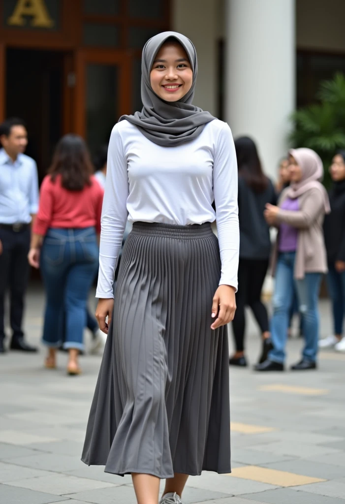 A smiling indonesian woman wearing hijab, authentic, (shy:1,3), kind, beautiful woman, is passionately in love with her skirt, loving while wind lifts her skirt, wearing short blazer and very, very detailed (long (fully pleated) full circle skirt) and (low heeled court shoes), very, very intricate hyper-detailed symmetric (attractive graceful young feminine face) with (sad, tired eyes and a loving smile), very voluptuous breasts, full of empathy and compassion and love, (pronounced (feminine) features), (highly detailed ultra accurate realistic) hands and fingers, (windy), epic composition, highly detailed attributes, (35mm f1.4 Kodak portra 400 photograph), extremely high quality RAW photograph, highly detailed atmosphere, cinematic shot, dynamic lighting, 75mm, Technicolor, Panavision, cinemascope, sharp focus, fine details, 8k, HDR, realism, realistic, key visual, film still, superb cinematic color grading, depth of field