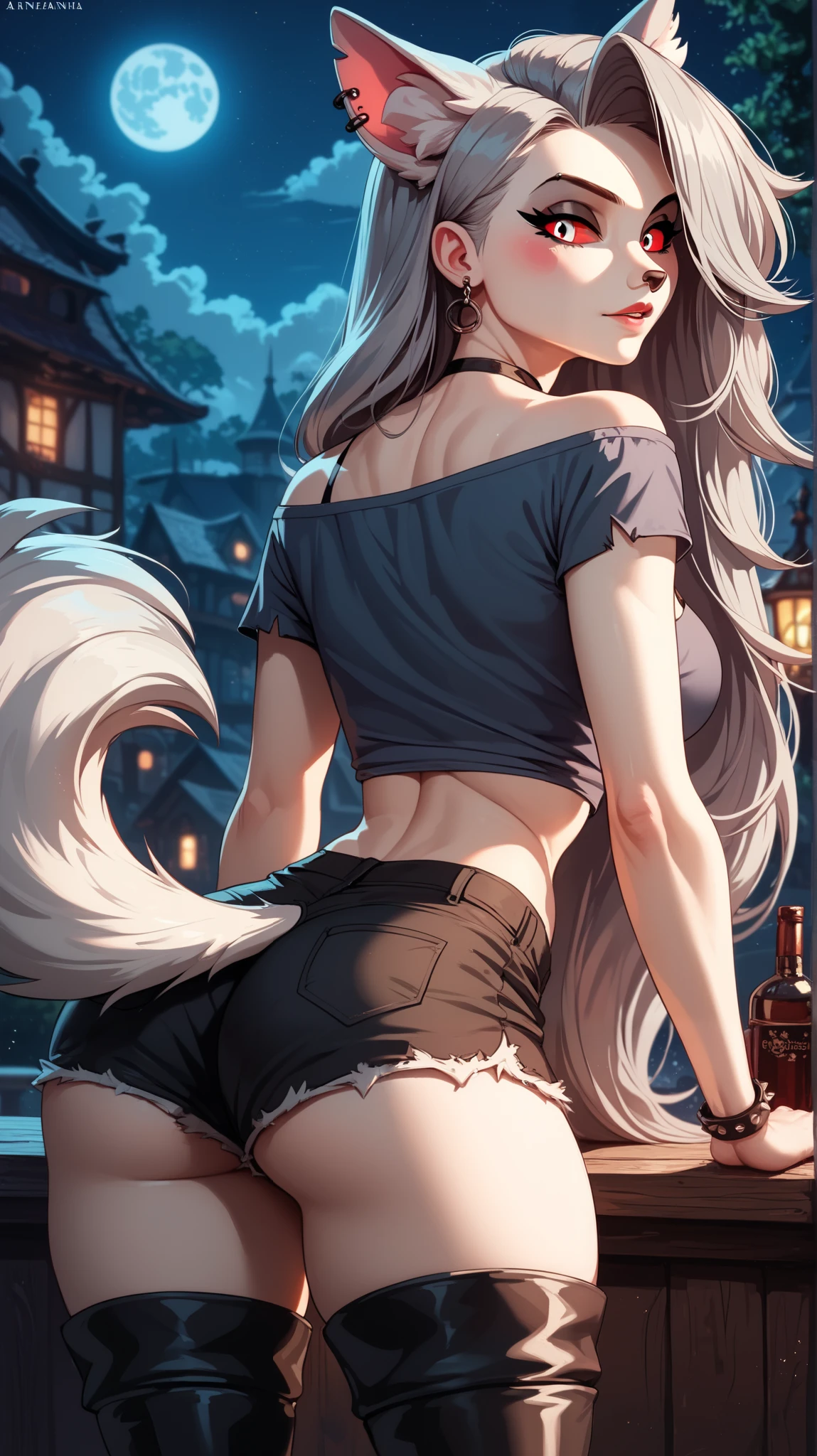 Perfect eyes, perfectly sexy face , extremely detailed, looking at the spectator, red eyes, loona, hazbin hotel, wide hips , animal ear, animal ears , animal nose, tail, shorts brancos, short shorts , thigh boots, short top, apenas_shoulder, Fantasy, night, rear view ,