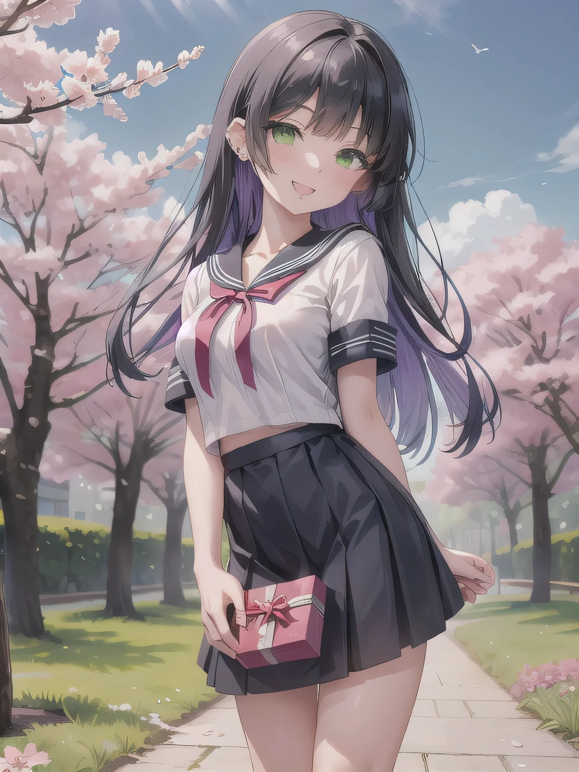 A stunningly beautiful 20-year-old woman stands in a lush green park full of cherry blossoms in full bloom under a clear blue sky. She is wearing a classic sailor uniform and holds a neatly wrapped gift box with a red ribbon in both hands in front of her chest. The box is small, wrapped in decorative paper, and tied with a bow. She looks very happy, with a radiant and joyful expression.A stunningly beautiful 20-year-old woman stands in a lush green park full of cherry blossoms in full bloom under a clear blue sky. She is wearing a classic sailor uniform and holds a neatly wrapped gift box with a red ribbon in both hands in front of her chest. The box is small, wrapped in decorative paper, and tied with a bow. She looks very happy, with a radiant and joyful expression.  Black hair, purple hair, green eyes.
