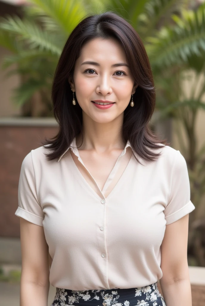 NSFW, ((Top Quality)), ((8K)), ((Masterpiece: 1.3)), (Perfect Appearance), (Photorealism: 1.6), (Fresh green park on a sunny day), japanese women, (58 years old), married woman, ((Realistic skin texture 1.8)), (Fine wrinkles throughout the skin: 1.3), (Dull skin: 1.1), (Skin without moisture: 1.2) , (Wrinkles on the face: 0.9), (Wrinkles on the corners of the eyes: 1.2), Double eyelids, tear bags on the lower eyelids, (Crying moles: 0.9), The eyes are looking here, smiling with lips slightly open, open chest blouse, flare skirt, high heels, (whole body),