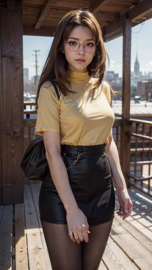 Beautiful russian girl in a mustard shirt and black pants on the street
