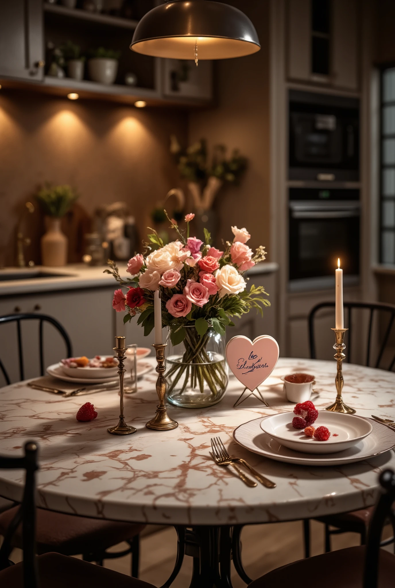  The kitchen is very beautifully made in a beautiful trendy design,  a table made of beautiful marble with patterns ,  which serves dinner for two , romance,  a beautiful bouquet of flowers for your girlfriend ,  beautiful Valentine's card in the shape of a heart with the text  "love you" and you can clearly see the word , Beautiful candles,  is beautifully decorated , romance,  dim light,  masterpiece, 8 k,  best quality,  complicated details,  maximum number of details,  perfect picture , Точность,  high quality, 