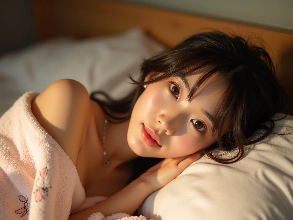 masterpiece , Best Quality, Ultra-detailed, Raw photo, Extremely delicate and beautiful, High resolution, Detailed eyes,detailed facial features, detailed arms,Detailed fingers,Detailed legs, wearing night gown, photo from above
1girl in, 25 years old, Beautiful japanese girl, Plump lips, Wavy Hair, Short hair, She has one small mole under her eye., full bed view, white night gown
 (((From above))), Bedrooms, Sleeping in bed, off-the-shoulder sweater, (((Looking at Camera))), (((underlighting))), (Dark light), Film grain, SLR camera, 35mm lens focal length,((Open mouth))