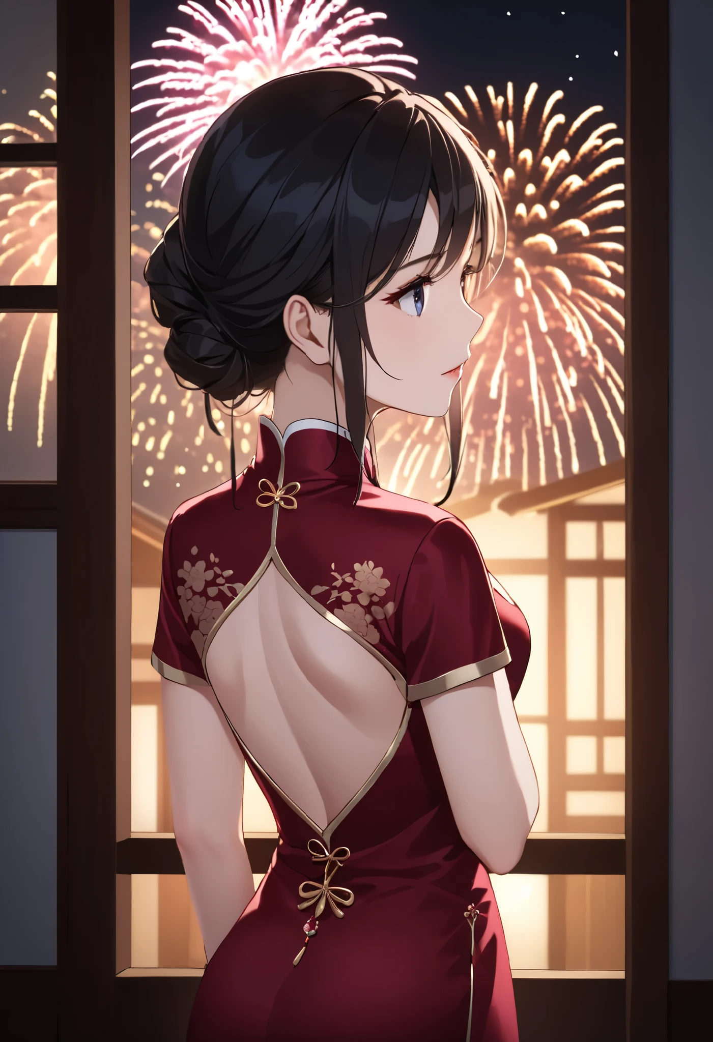 Mature woman standing with her back to the camera:1 girl wearing an Deluxe Chinese dress,
Smooth, Moisturized and firm skin, A beautiful Chinese dress with a delicate pattern,
A corner of the entertainment district, A dark background to make your subject stand out, Large windows, soft light from a lantern,
break (detailed silk texture:Deluxe:Gloss:Smoothness:Sappiness),
Highest quality, Highest Resolution, Detailed and crisp image quality, 16K, Super Retina,
A tight and attractive Chinese dress, Adult sex appeal, melancholy, Feeling Weak, Long hair tied back, colorful fireworks seen from the window,
Detailed and complex, colorful, Transparent full color coating, Light and Darkness, High Contrast,
Break Spectacular fireworks seen from the window, beautiful,
Upper Body Shot,