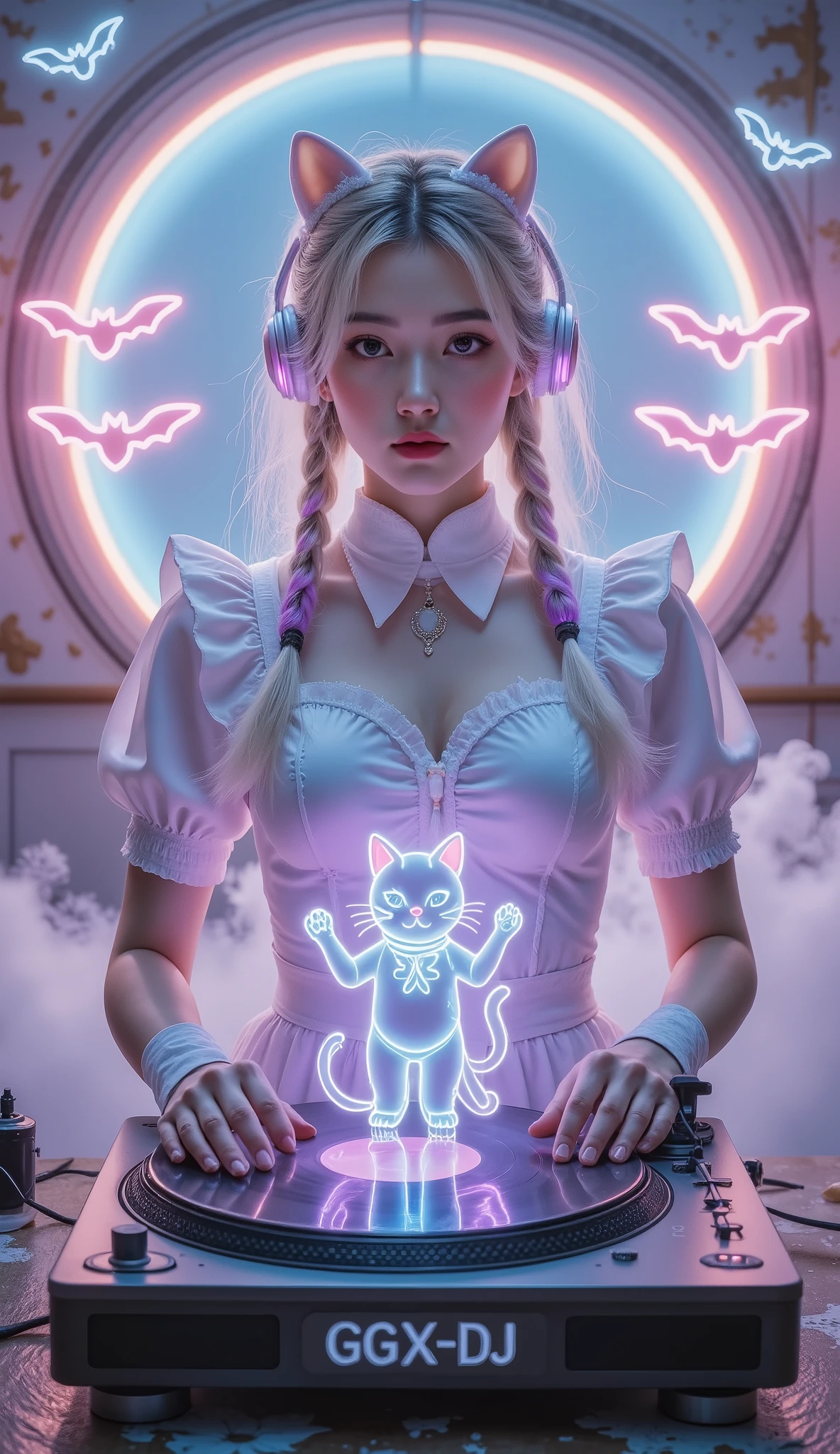 Full Color, (transparency:2.0), Girl's body faces the audience ,She wears light-emitting headphones🎧, wearing a maid costume on the bench,The background wall has a glowing aperture,Close shot,
rest Ultra-realism, Detailed Realistic Skin Textures , detailed intricate textures , Details and Intricate Brushstrokes , Clear details depict , Clear Description , Aesthetic , The girl is wearing a glowing maid outfit ,
Girl with cat, Night club girl at the club , cyberpunk , white purple gradient long braids , Neon holographic transparent cat dancing like a human, rest Neon Art Background, movie lighting effects , transparent light , Mysterious Light Mango , Magic Fog , Careful ,
rest ((Phantom rainbow , holographic)), (詳細で Clear Description , transparency:1.6),The girl's lower body was blocked by a record player returning to work ,她的手放在 retro record player / retro record player / On an old record player, glowing cat waving a bat on a vintage record player , girl wearing glowing headphones on a vintage record player:1.2, A neon capital letter appears directly above the background"GGX—DJ ":1.4, with three flying little neon bats in the background ,The future is a mixer with various instruments