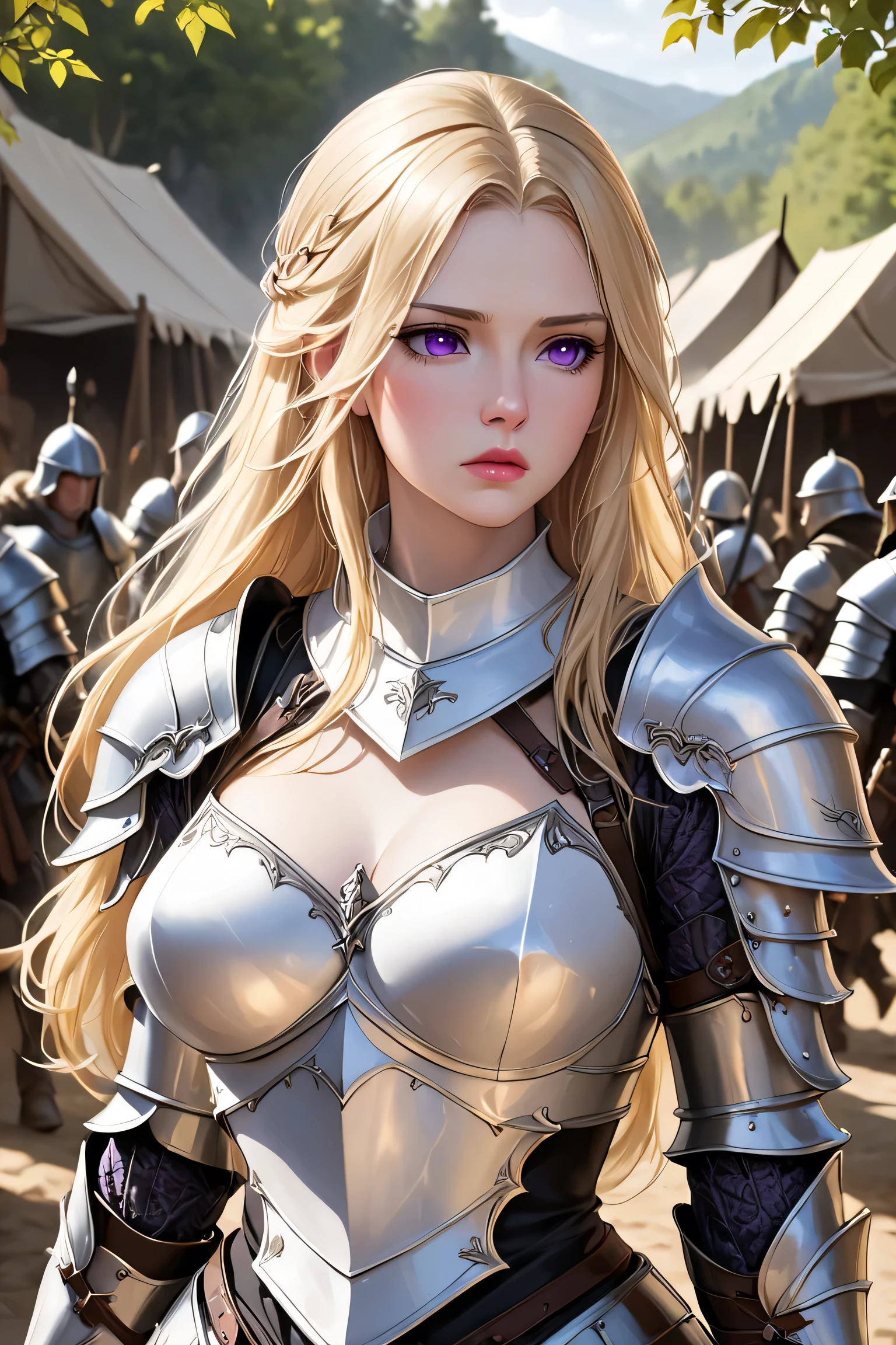best quality, masterpiece, highres, solo, {jeanne_d_arc_fgo:1.15}, blonde_hair, long_hair, blue_eyes, breasts, very_long_hair, headpiece, smile, braid, gauntlets, single_braid, large_breasts, bangs, chain, 1girl, armor, armored_dress, capelet, dress, faulds, flag, looking_at_viewer, thighhighs, holding, weapon, black_thighhighs, purple_eyes, long_braid, sword