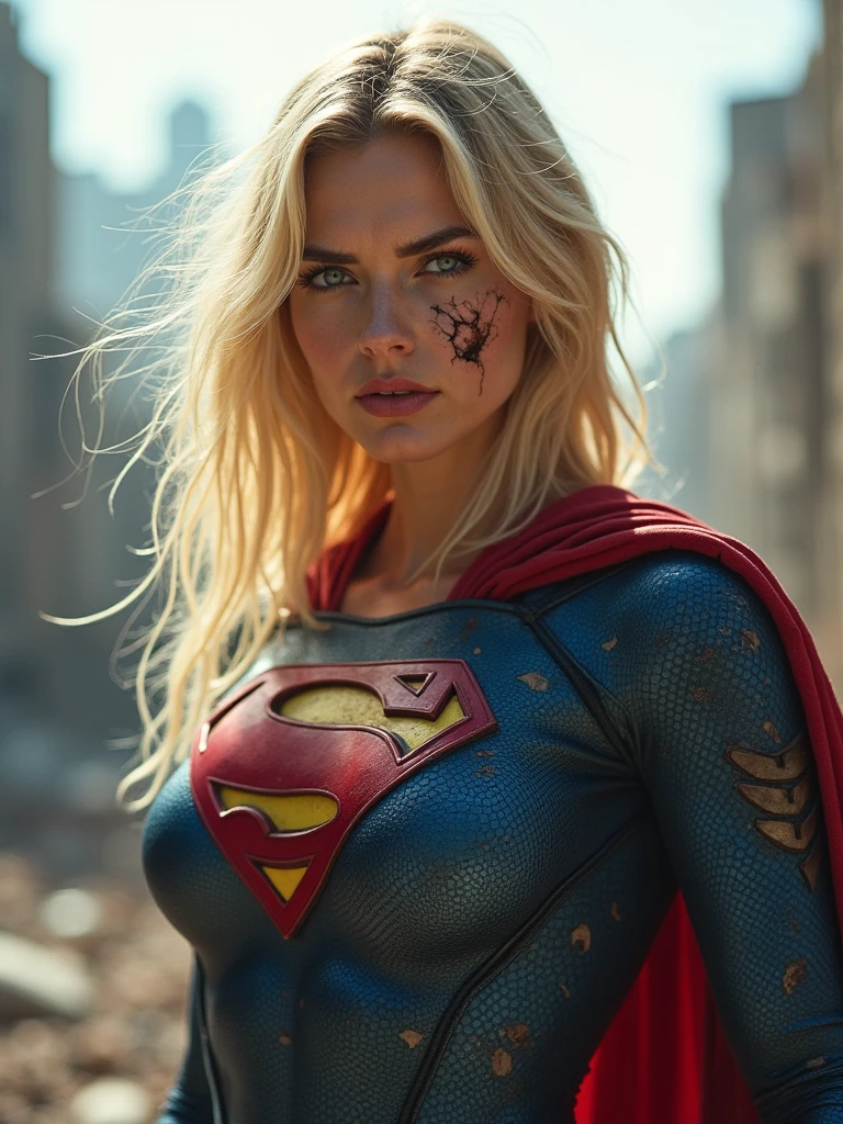 Melissa Benoist, 8k, best quality, real image, intricate details, ultra-detailed, ultra highres, depth field, (photorealistic, realistic: 1.2), masterpiece, photo of 1girl, supergirl, wounded, superhero, lying, back, realistic, torn overalls, (dirty, bruised,blood: 1.3), blue eyes, blonde hair, lips, long hair, solo, (revealing torn clothes, torn clothes: 1.3), ruined city background, best quality, realistic, photorealistic, (intricate details: 1.2), (delicate detailed), (cinematic light), clear line, sharp focus, realistic face, detailed and beautiful face