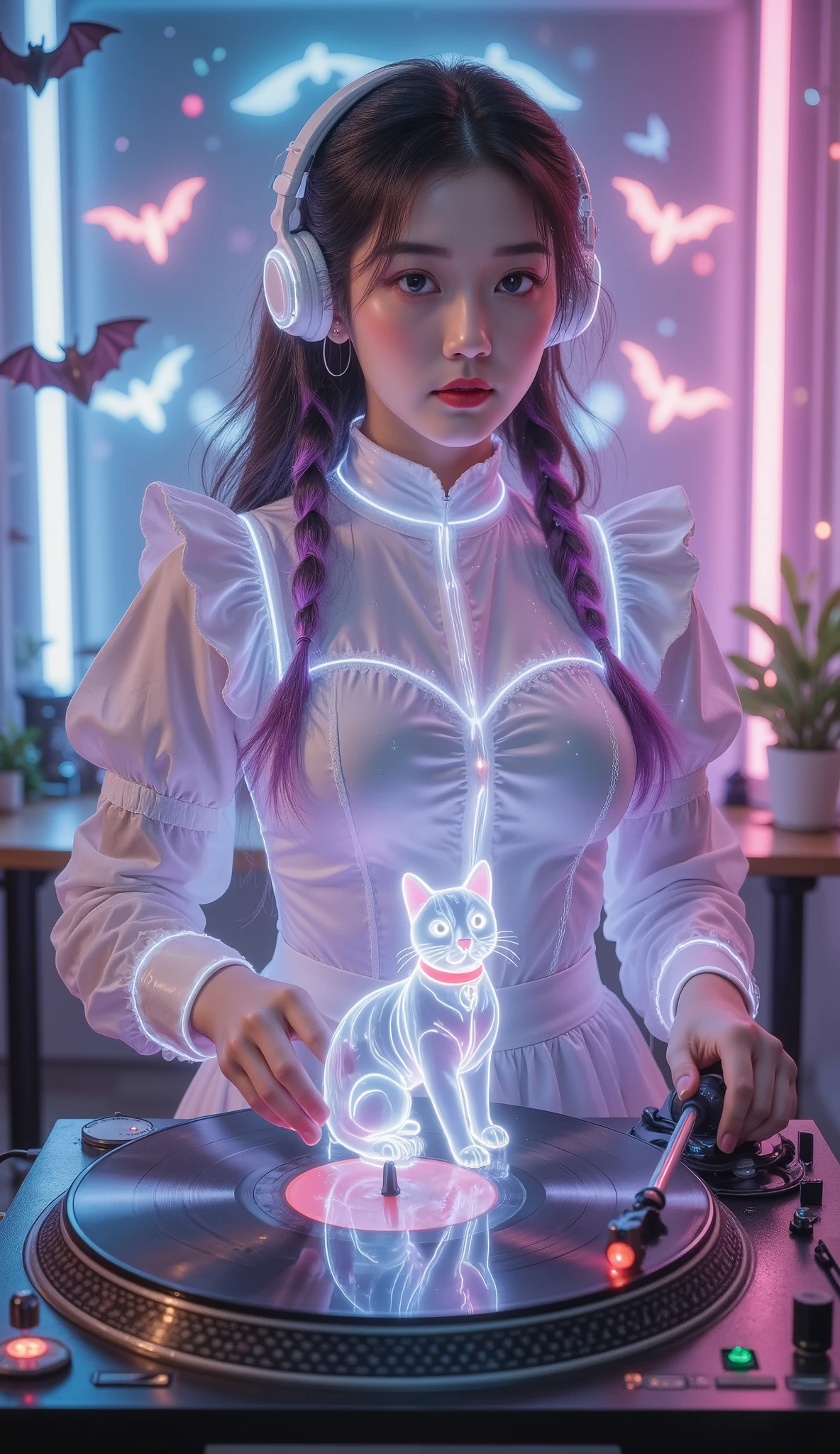 Full Color, (transparency:2.0), Girl's body faces the audience ,She wears light-emitting headphones🎧,穿着女仆装
rest Ultra-realism, Detailed Realistic Skin Textures , detailed intricate textures , Details and Intricate Brushstrokes , Clear details depict , Clear Description , Aesthetic , The girl is wearing a glowing maid outfit ,
Girl with cat, Night club girl at the club , cyberpunk , white purple gradient long braids , Neon holographic transparent cat dancing like a human, rest Neon Art Background, movie lighting effects , transparent light , Mysterious Light Mango , Magic Fog , Careful ,
rest ((Phantom rainbow , holographic)), (詳細で Clear Description , transparency:1.6),女孩的手放在 retro record player / retro record player / On an old record player, glowing cat waving a bat on a vintage record player , girl wearing glowing headphones on a vintage record player:1.2, A neon capital letter appears directly above the background"GGX—DJ ", with three flying little neon bats in the background ,The future is a mixer with various instruments