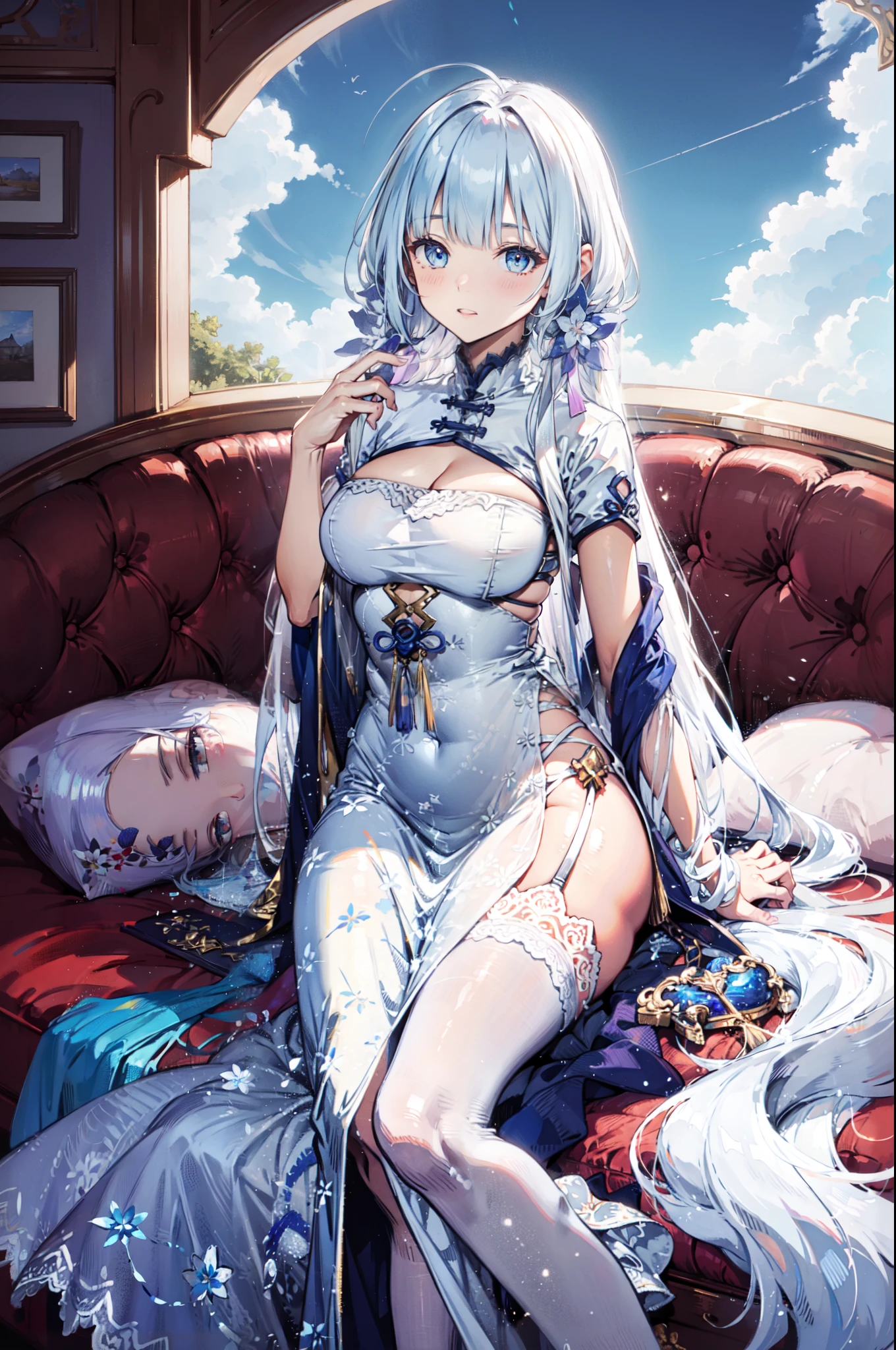 (best quality,4K,8K,high resolution,masterpiece:1.2),Extremely detailed,milf,,magic,enchanting,joy,Divine goddess,magical effect,Silver hair,Blue eyes,Transparent dress,Exquisite decoration,Features of the magical costumes of the heavens,A small amount of sky blue cloth,Exquisite clothing,Layered Skirt,detailed lace,Delicate ruffles,bedroom,Alone,at night,Lace pantyhose,Sacred stripes,Transparent clothing,Jewelry embellishments