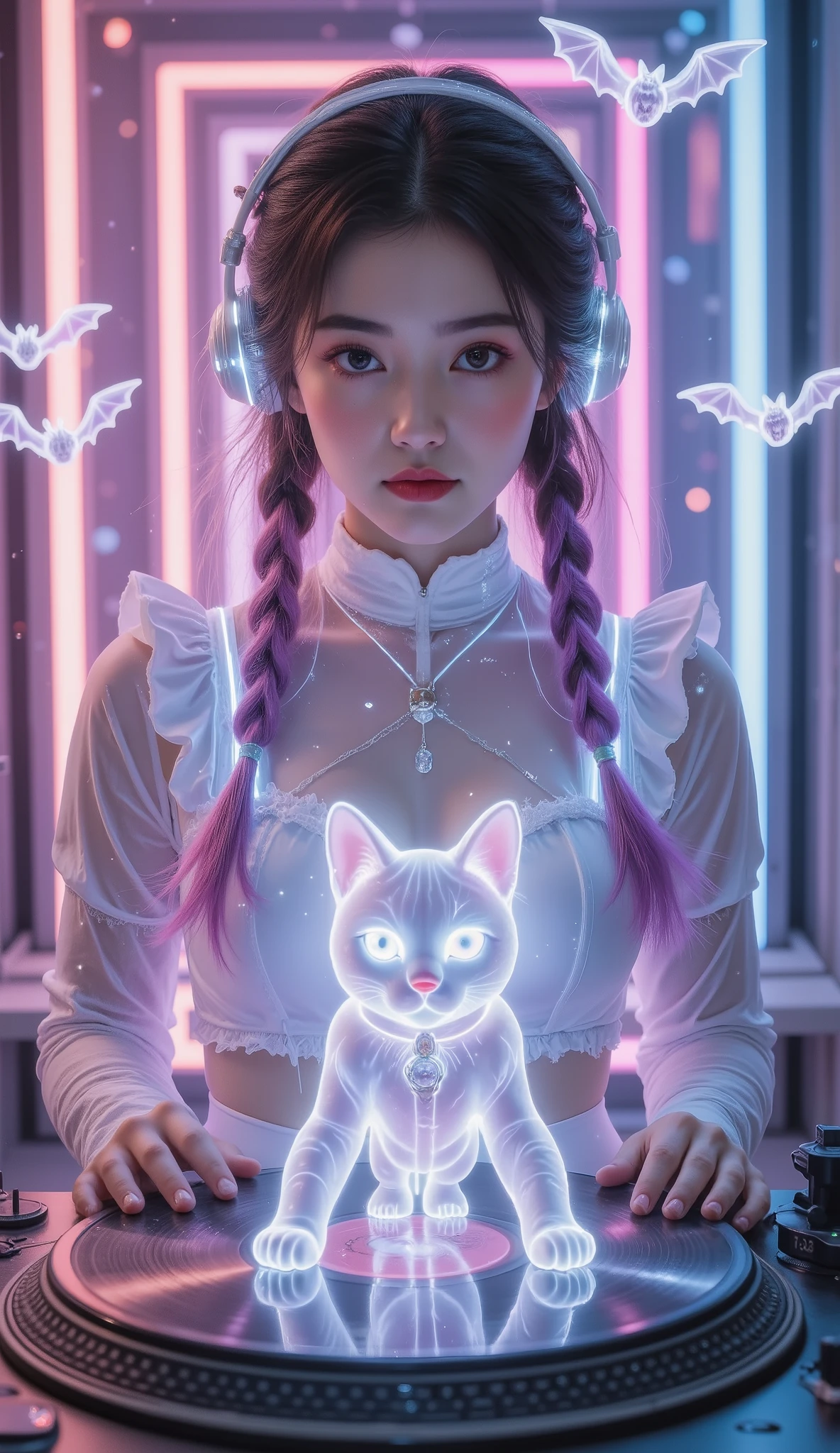 Full Color, (transparency:2.0), Girl's body faces the audience ，She wears light-emitting headphones🎧，穿着女仆装
rest Ultra-realism,   Detailed Realistic Skin Textures ,    detailed intricate textures   ,   Details and Intricate Brushstrokes  , Clear details depict ,  Clear Description , Aesthetic  , The girl is wearing a glowing maid outfit ，
Girl with cat,  Night club girl at the club  ,   cyberpunk ,   white purple gradient long braids  , Neon holographic transparent cat dancing like a human, rest Neon Art Background,   movie lighting effects  ,   transparent light  ,  Mysterious Light Mango ,  Magic Fog , Careful , 
rest ((Phantom rainbow  , holographic)), (詳細で Clear Description , transparency:1.6),女孩的手放在 retro record player / retro record player / On an old record player， glowing cat waving a bat on a vintage record player ， girl wearing glowing headphones on a vintage record player：1.2， A neon capital letter appears directly above the background"GGX—DJ "， with three flying little neon bats in the background ，The future is a mixer with various instruments