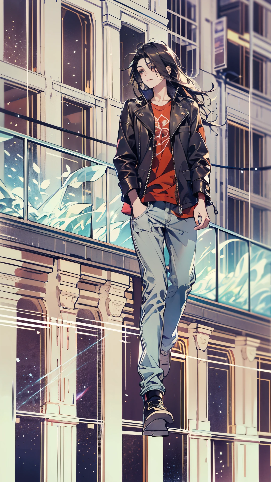 Digital painting of a young Chinese man in a modern casual outfit, wearing a stylish black leather jacket with red accents and a simple white t-shirt underneath. Long flowing black hair caught in a gentle breeze, with a confident and relaxed expression. Casual pose with arms crossed, athletic build. Background features a cityscape with buildings covered by a layer of translucent glass, symbolizing a space-time constraint ability, and rendered in a single color tone, such as light blue. The glass layer creates a subtle, shimmering effect over the entire background. Lighting: bright daylight with soft shadows. Art style: semi-realistic digital painting, high detail, clean lines, contemporary urban aesthetic. Include fabric texture details and subtle reflections on the leather jacket.