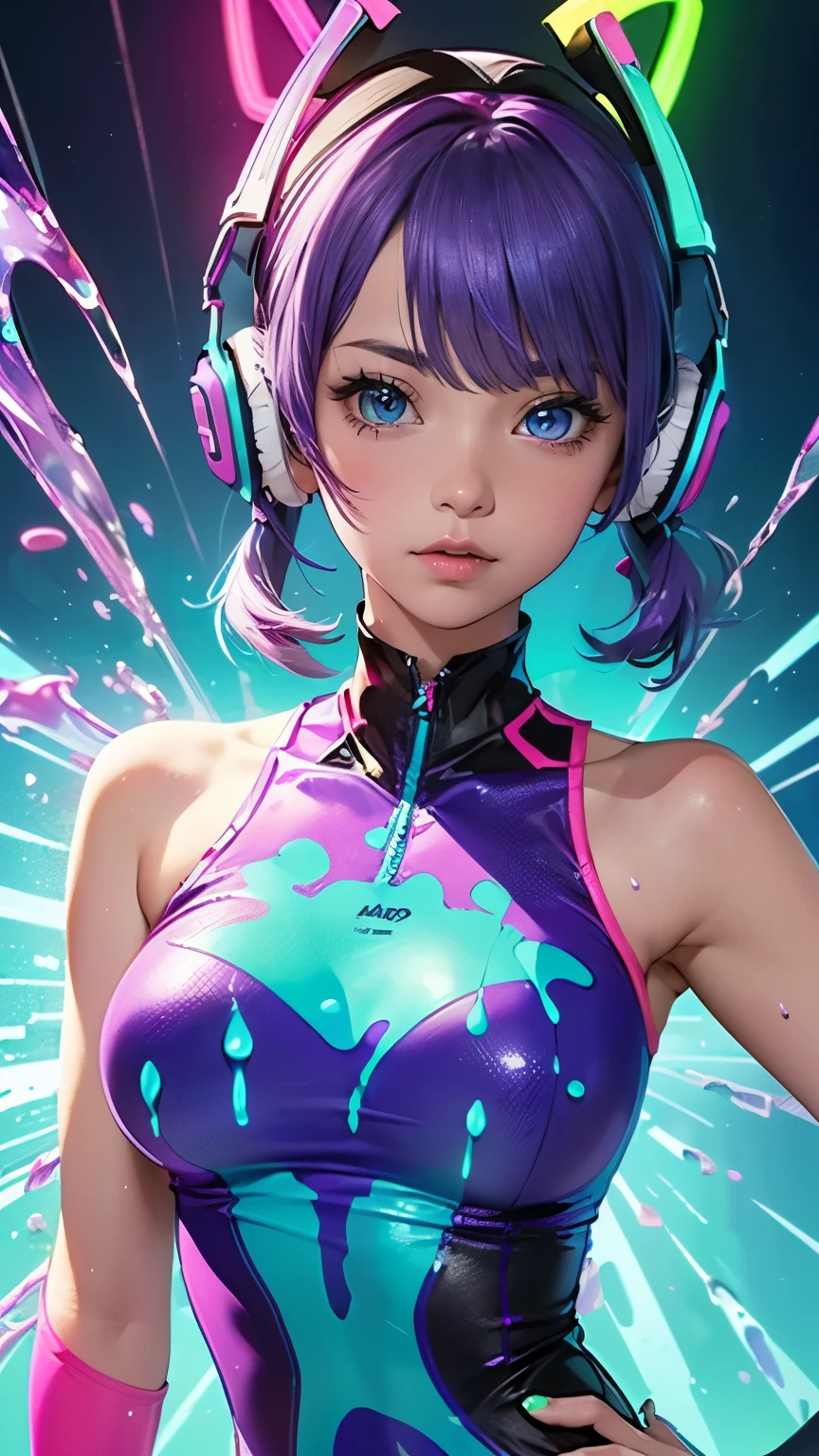 Brightly colored anime girl with headphones, ((upturned eyes:1.3, perfect eyes ,beautiful detailed eyes, rainbow glows ultra-detailed deep aqua purple eyes:1.1, gradient eyes:1, finely detailed beautiful eyes:1, symmetrical eyes:1, big highlight on eyes:1.2)), very shy, blushing, (open mouth), anxious, in a psychedelic room, ((((bright skin: 1.5, tanned skin, bright skin, very bright skin, bright body)))), Psytrance illustrations, psytrance, psychedelic art style, neon color theme, (((masterpiece))), (intricate), 8K, best quality, (visual intensity: 1.5),
(((liquid paint clothing, clothes made of liquid paint))),(((neon purple clothes | neon pink clothes | neon blue clothes | neon aqua clothes | purple clothes | fuchsia clothes | fluorescent blue clothes | amethyst clothes | neon clothes | bright pink clothes :1.5))), skintight suit
multicolored background, colorful theme, playing splash paint, beautiful light, colorful light particle,clothes high contrast, splashes of color, colors painting wall, intricate details, exposure blend, hdr, (graffiti art),more_details:0.5,