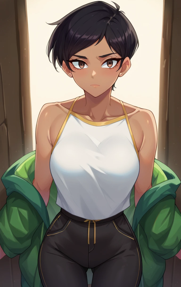  score_9, score_8_arriba, score_7_Above BREAK LoissDXL ,1 girl,cabello corto, black hair,neckline, Brown Eyes,jeweler's, pending, black pants, dark skin, bare shoulder ,mujer de  dark skin,green shelter, black pants, sleeveless t-shirt ,white  sleeveless t-shirt ,cowboy shot, sexy pose