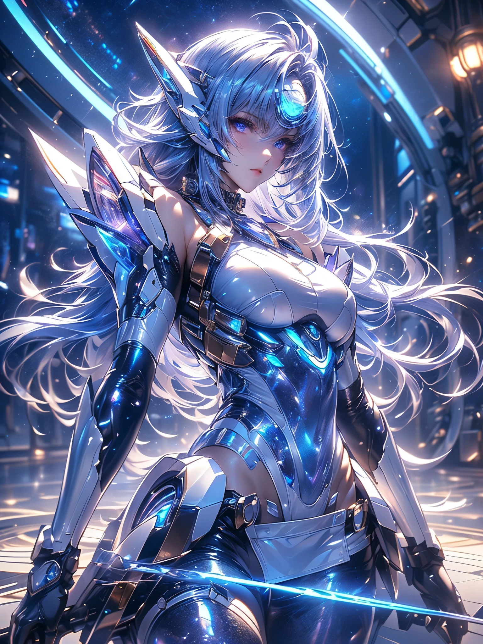 Full body KOS-MOS , (( holographic glossy effect)), score_9, score_8_Excellent, score_7_Excellent, 32K ,Detailed Depiction 、(( highly detailed CG integration ), CGSoation Trends、 Super Real, cowboy shot, , highly detailed face 、Bluish purple hair、 straight hair, SHINY AND CLEAN HAIR 、 White Shiny Skin 、 sexy cyberpunk girl 、 fiberglass 、Light emitting tube、(( Dark blue eyes :1.4, Clear Eyes, A board with detailed eyes , beautiful eyelashes ))、Neon Details、 Mechanical Hands 、 Mechanical spine attached to the back 、mechanical neck worn around the neck 、 head 、white latex hi-leg leotard(( Valkyrie ))、 high heels,(( are standing+Combat Stance)),(( sexy model pose ))、(( Dramatic Graphic Backdrop :(( Mirrored Floor ))、blue moon object 、light vortex、Starry Sky ,) ),(( top quality)),( ultra high resolution),( super detailed)