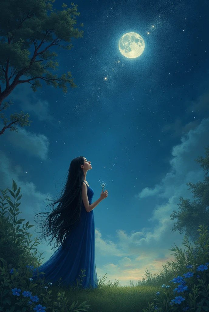 My mom loves witches, Create a beautiful black-haired witch looking at the stars and saying I love you mom.