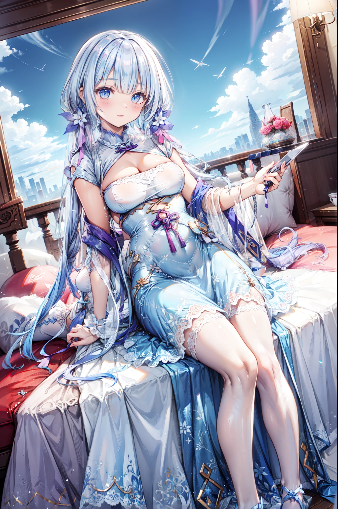 (best quality,4K,8K,high resolution,masterpiece:1.2),Extremely detailed,milf,,magic,enchanting,joy,Divine goddess,magical effect,Silver hair,Blue eyes,Transparent dress,Exquisite decoration,Features of the magical costumes of the heavens,A small amount of sky blue cloth,Exquisite clothing,Layered Skirt,detailed lace,Delicate ruffles,bedroom,Alone,at night,Lace pantyhose,Sacred stripes,Transparent clothing,Jewelry embellishments