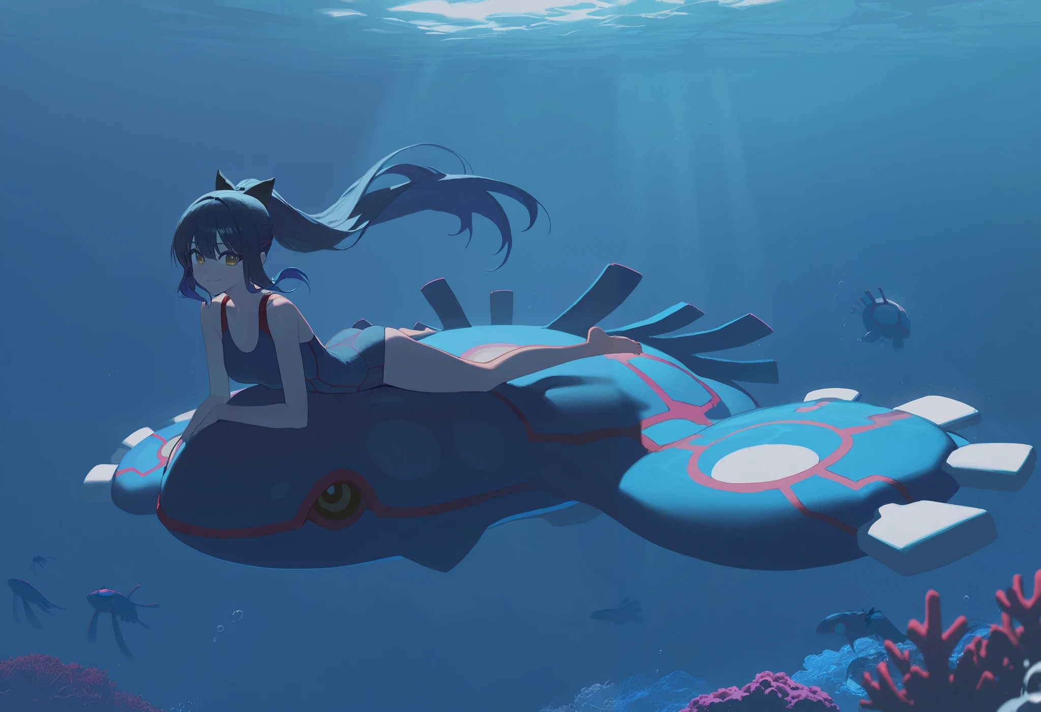 artist:ciloranko,artist:modare,artist:diyokama, astero, scenery, pokemon \(creature\),
best quality, amazing quality, very aesthetic, absurdres, best quality, masterpiece, newest,
underwater,
1girl, smile, Yellow eyes, dark blue hair, sidelocks, blue streaked hair, long hair, high ponytail, hair bow, black bow, swimming, one-piece swimsuit, full body, barefoot, solo, Kyogre, tropical sea, coral reef, various water Pokemon, clear and bright ocean atmosphere, sunlight filtering through water, vibrant colors, Cinematic Lighting, light particles, bubbles