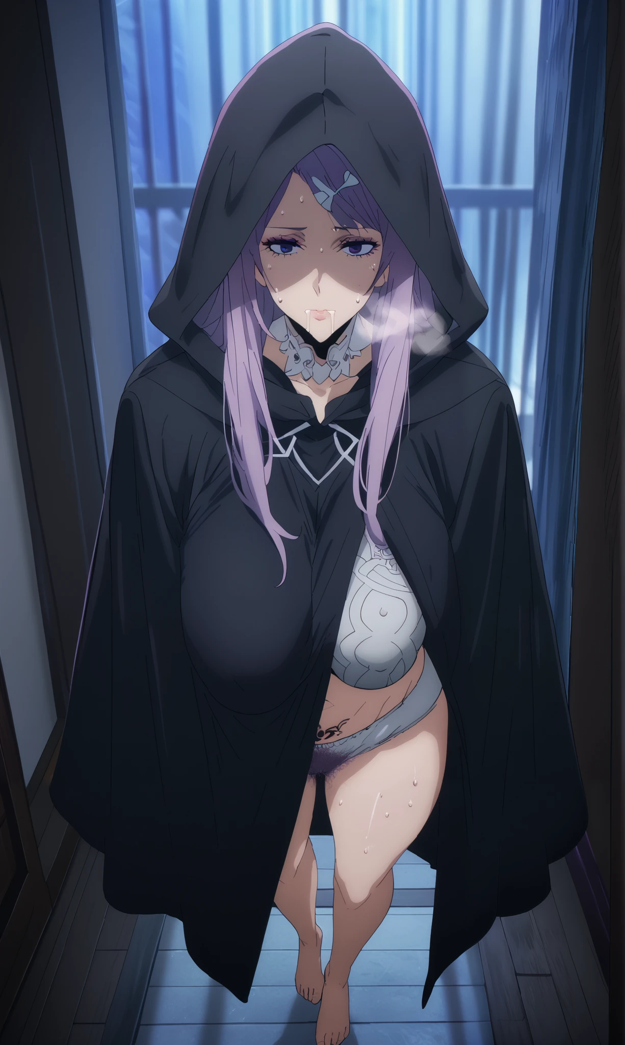 score_9, score_8_up, score_7_up, score_6_flatup, uncensored, quinella, absurdly long hair, purple eyes, long hair, parted bangs, purple hair, very long hair, hair ornament, huge breasts, anime coloring, anime screencap, (voluptuous:1.3), (thick:1.3), BREAK UHD, retina, masterpiece, accurate, anatomically correct, textured skin, super detail, high details, high quality, award winning, best quality, highres, 4K, makeup, eyelashes, excessive sweating, sweating, sweating drop, (gasping, heavy breathing:1.3), (skindentation:1.2), perfect eyes, beautiful eyes, eyelashes, makeup, detailed body, perfect body, BREAK, 1girl, underwear, solo, panties, breasts, hood, black_panties, looking_at_viewer, cloak, grey_eyes, hooded_cloak, barefoot, breath, navel, black_cloak, indoors, wooden_floor, hairclip, standing, closed_mouth, hood_up, collarbone, window, large breasts, huge_breasts, pasties, full_body, night, doorway, tattoo, (excessive pubic hair peek:1.4), shaded face, hollow eyes, drooling, backlighting