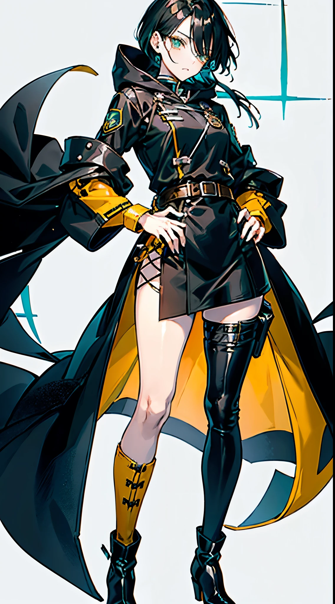 (masterpiece,bestquality,highlydetailed,ultra-detailed){black hair} (A braid)(antenna hair),(???????? braids)(braided:puffy braids) , (glasses) , (Yellow eyes),(black coat) , (black tights),(fleshy feeling),(fleshy legs),(Serious face)