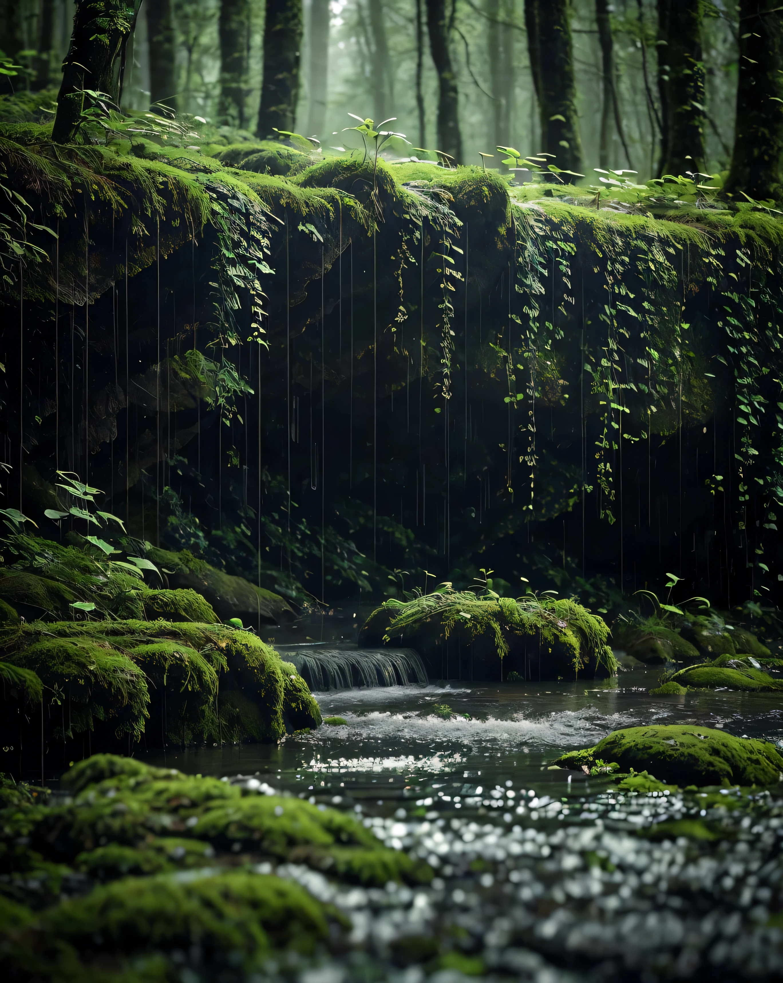 Secluded in the middle of the silence , This small forest is like a world apart . A gentle sprinkling of rain falls , creating a natural symphony above the leaves and moist soil . A faint light penetrates the cracks of the trees , highlighting the mossy boulders that glows in soft greenery . A thin mist drifts in the air , envelops the mountain in the distance with a mysterious aura . Every gust of wind brings a whisper of nature , as if this forest harbors a story that can only be heard by those willing to listen with heart.