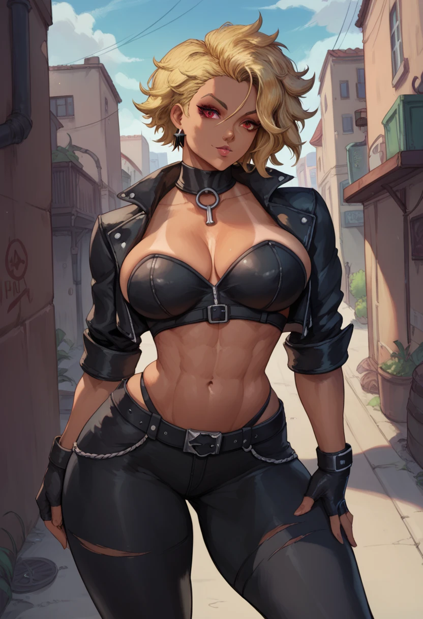 A girl is 20-yr, cute, bad girl, villain, keen eyesight, red eyes, short messy blonde balayage hair, tan skin, big breast, thick thighs. street gangster outfit, black leather jacket, cropped top, open belly, low waist pants. Outdoor, Alley background