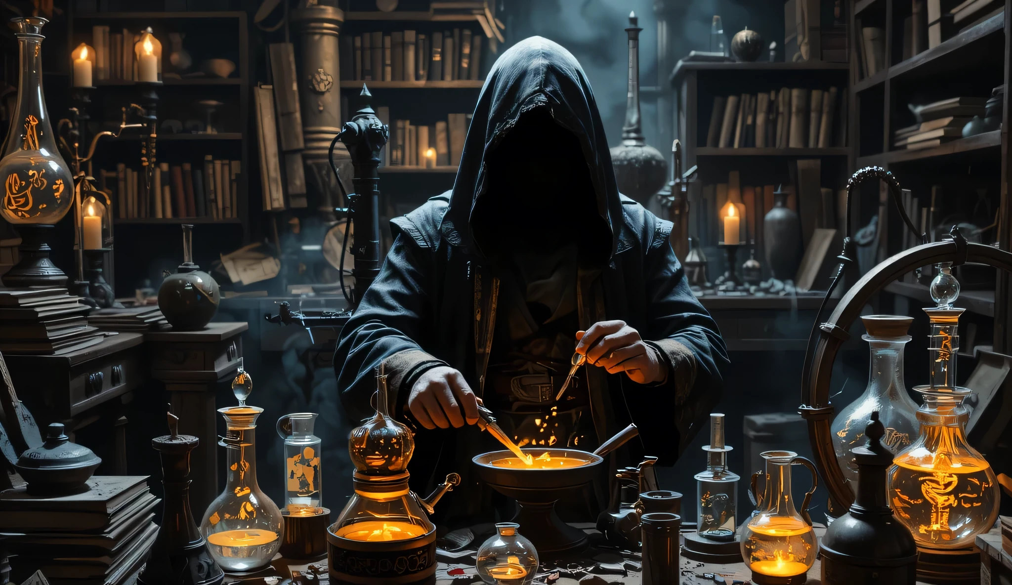 4. (Mysterious Alchemist in Shadows) "An ancient hooded alchemist sitting in a candle-lit study, surrounded by dusty grimoires and glowing alchemical tools, deep shadows, cinematic, --ar 16:9 --v 6"
