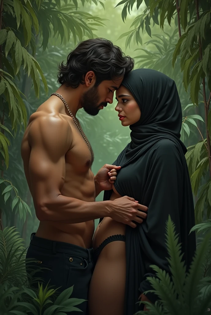 (1 gorgeous hijabi malay girl wearing loincloth, topless, wearing plain hijab, she is seducing 1 handsome korean guy with slick back hair, he have slick hair and is shirtless and wear shorts), dynamic pose, ultra realistic, masterpiece, maximum quality, film grain, eyes closed, highly detailed skin, fantasy flower garden, (flowers blooming densely in background), lisianthus, pale pink and light azure color grading, surreal and dreamy environment, ethereal foliage, high contrast, ink strokes, over exposure, abstract, (watercolor painting by John Berkey and Jeremy Mann, brush strokes), flower petals and leaves flying blown by wind, cinematic composition ((wind blowing)) dynamic pose, (sexual vibes) ((man woman having passionate sex,longing for each other)) ((pants bulging))