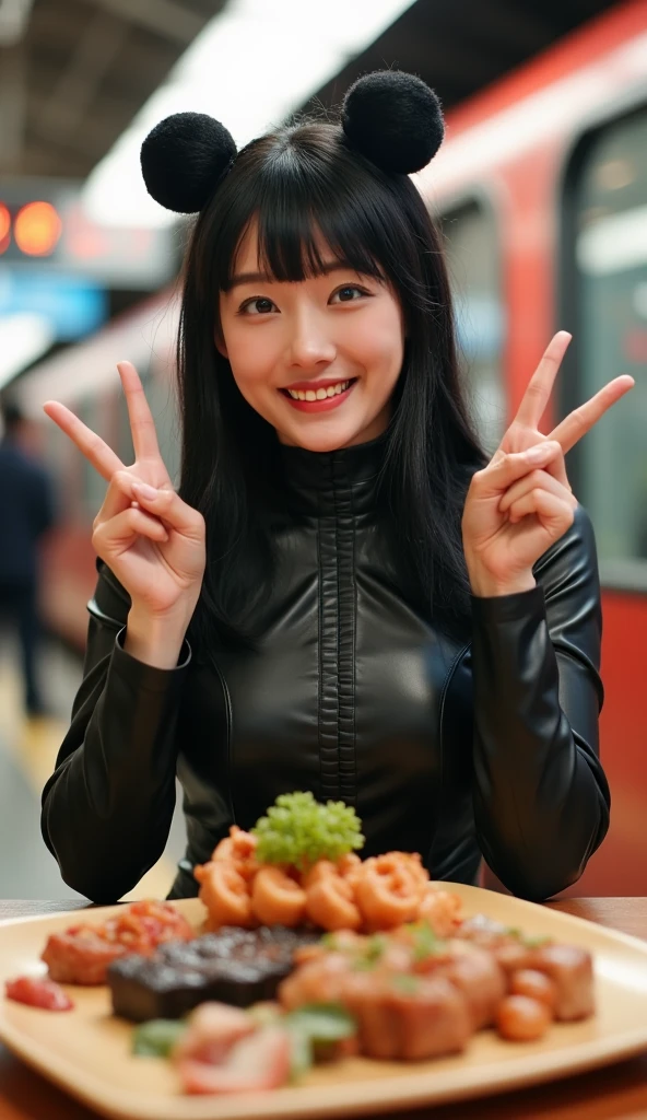A cute Japanese woman. Ages 16 to 18. Yakiniku is being served inside the train station. She is wearing a rubber fashion and is smiling and making a peace sign.