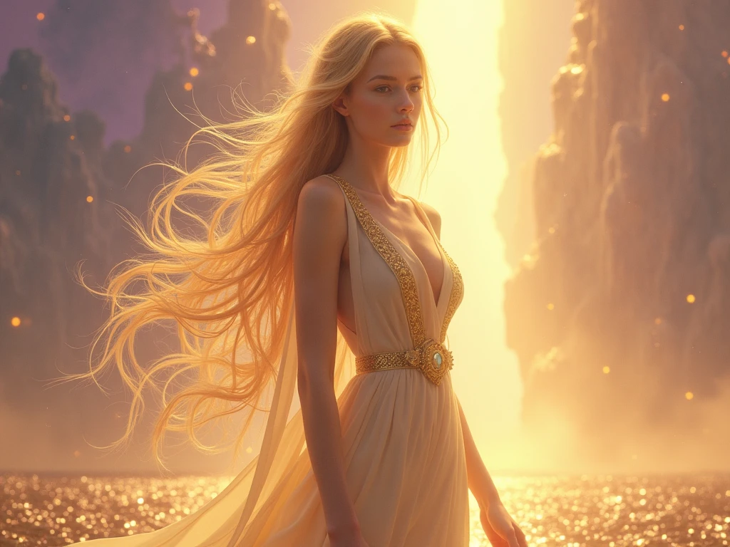 Venus, the radiant goddess of beauty, descended to Earth on a moonlit night, her ethereal figure shimmering in hyper-realistic, 8k quality, very clear images. Draped in a gossamer gown that flowed around her as if caressed by the breeze, her delicate features were accentuated by the soft glow of the moonlight. Her long, golden tresses cascaded down her back, catching the light and reflecting it back like a thousand tiny suns. With a curious expression on her immortal face, she walked among the mortals, marveling at their experiences and indulging in the simple pleasures of Earthly life.