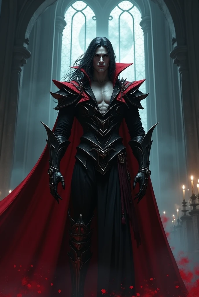Un vampire, couvert de sang, se tient dans une mare de pourpre, ses crocs bien visibles. Ses yeux sont fermés et son expression est celle du chagrin et du désespoir. Il est entouré des ruines d'une ville autrefois grande, témoignage de la destruction qu'il a provoqué. Art numérique, dark fantasy, éclairage dramatique, inspiré du style de Greg Rutkowski. L'arrière-plan flou et sombre, textures de pierre brute et de plumes collées.
