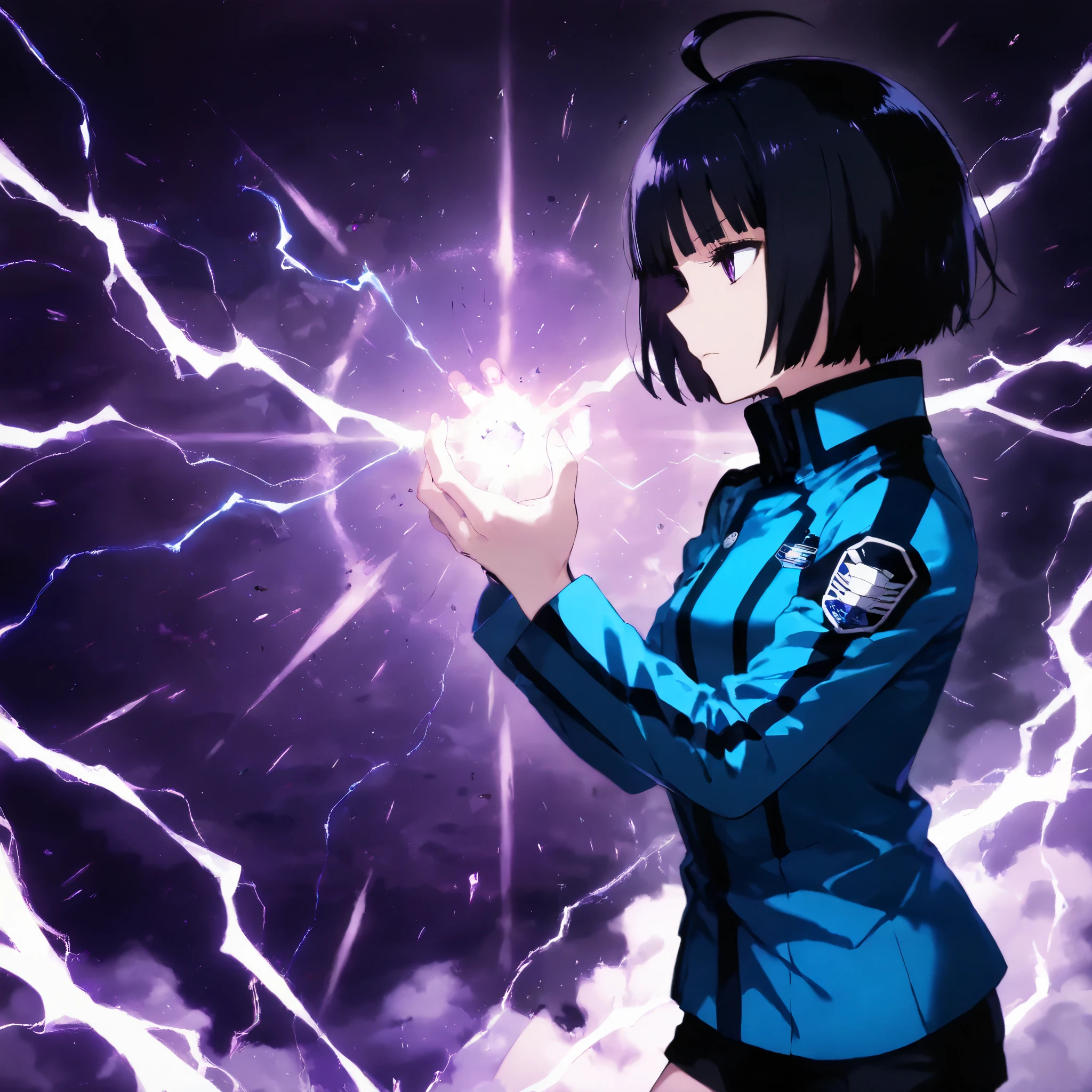 score_9, score_8_up, score_7_up, (WORLD TRIGGER style, amatori chika), (1girl, solo), (short hair, black hair, bob cut, ahoge, blunt bangs), purple eyes, serious expression, blue jacket, uniform, short black shorts, BREAK shisidehollow, from side, purple theme, profile, electricity,