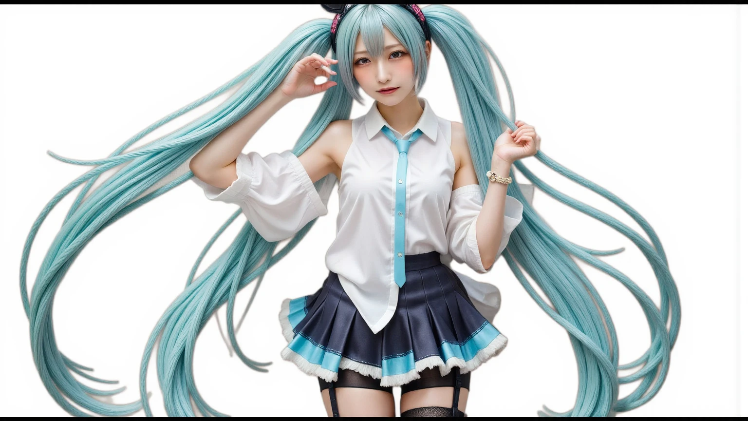 (masterpiece, highest quality),  Intricate details,
One girl,  miku hatsune, Ahoge, Aqua Eye, Aqua Hair, Crossed bangs, Hair between the eyes, hair ornaments, Headphones, Long Hair, Twin tails,Tube top, demin shorts, in a high-tech spaceship