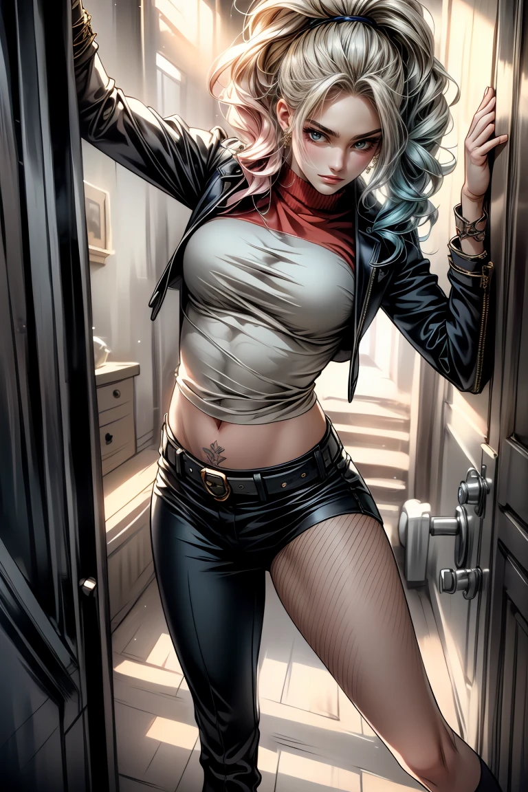 Caucasian woman, eyes closed, blonde hair, wavy hair, long hair, athletic body, (((torn black shorts))), (((topless))), (((open torn jacket))), full body, lying on a wet stone floor, inside a stone dungeon, wounded in the right leg, barefoot, (((at night))), shot from above.