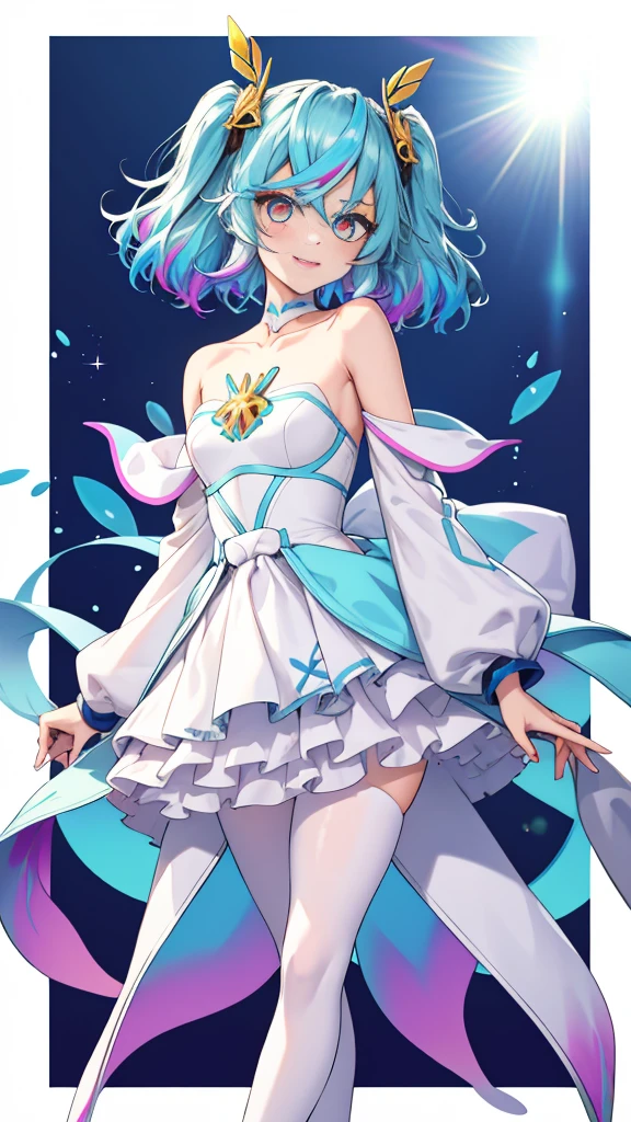 Super Idol a beauty girl A charming smile sky blue hair length hair Twin-tailed Glittery bright pink and white and blue and yellow ruffled leotards facing front Mystical Fantasia constellation a moon Crystal Brilliance Aurora Borealis in the Night Sky