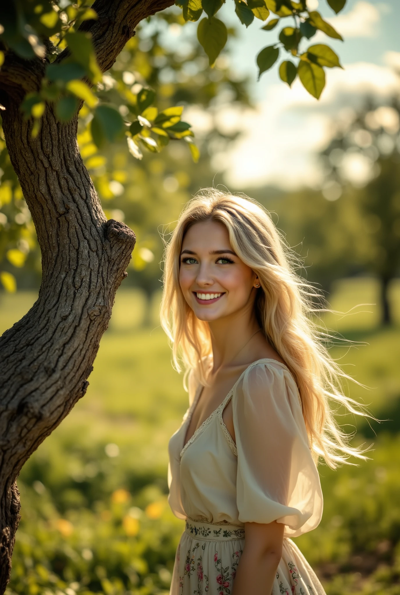 A beautiful girl with blond hair with a smile on her face, dressed in a light blouse and a beautiful skirt with , patterns standing near an apple tree, shadows from the leaves fall beautifully , a beautiful warm summer day , clouds and beautiful sunlight , masterpiece, 8 k, complicated details, best quality, Digital Photo , beautiful, ideal, high resolution,
