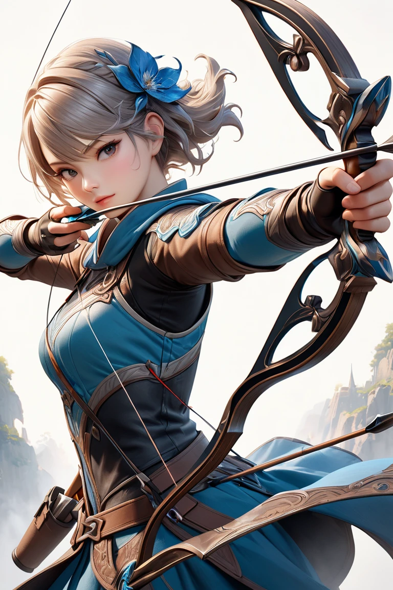best quality, super fine, 16k, 2.5D, delicate and dynamic depiction, beautiful game character archer shoots with sacred bow and arrow, transparent and translucent and iridescent barrier creating crack, game production effects, the mysterious background of forest and city coexistence, fantasy world, prime lenses, lens filters, clear subject