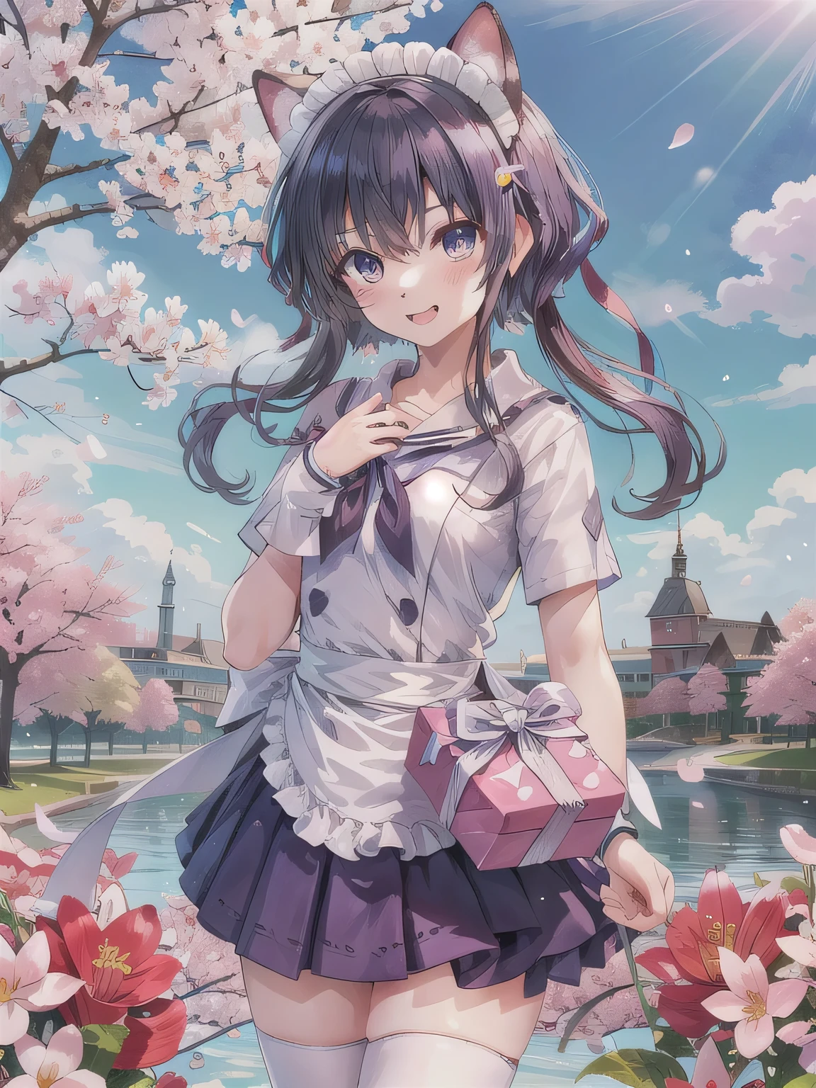A stunningly beautiful 20-year-old woman stands in a lush green park full of cherry blossoms in full bloom under a clear blue sky. She is wearing a classic sailor uniform and holds a neatly wrapped gift box with a red ribbon in both hands in front of her chest. The box is small, wrapped in decorative paper, and tied with a bow. She looks very happy, with a radiant and joyful expression.A stunningly beautiful 20-year-old woman stands in a lush green park full of cherry blossoms in full bloom under a clear blue sky. She is wearing a classic sailor uniform and holds a neatly wrapped gift box with a red ribbon in both hands in front of her chest. The box is small, wrapped in decorative paper, and tied with a bow. She looks very happy, with a radiant and joyful expression. Fake animal ears, white knee-highs, maid headdress.