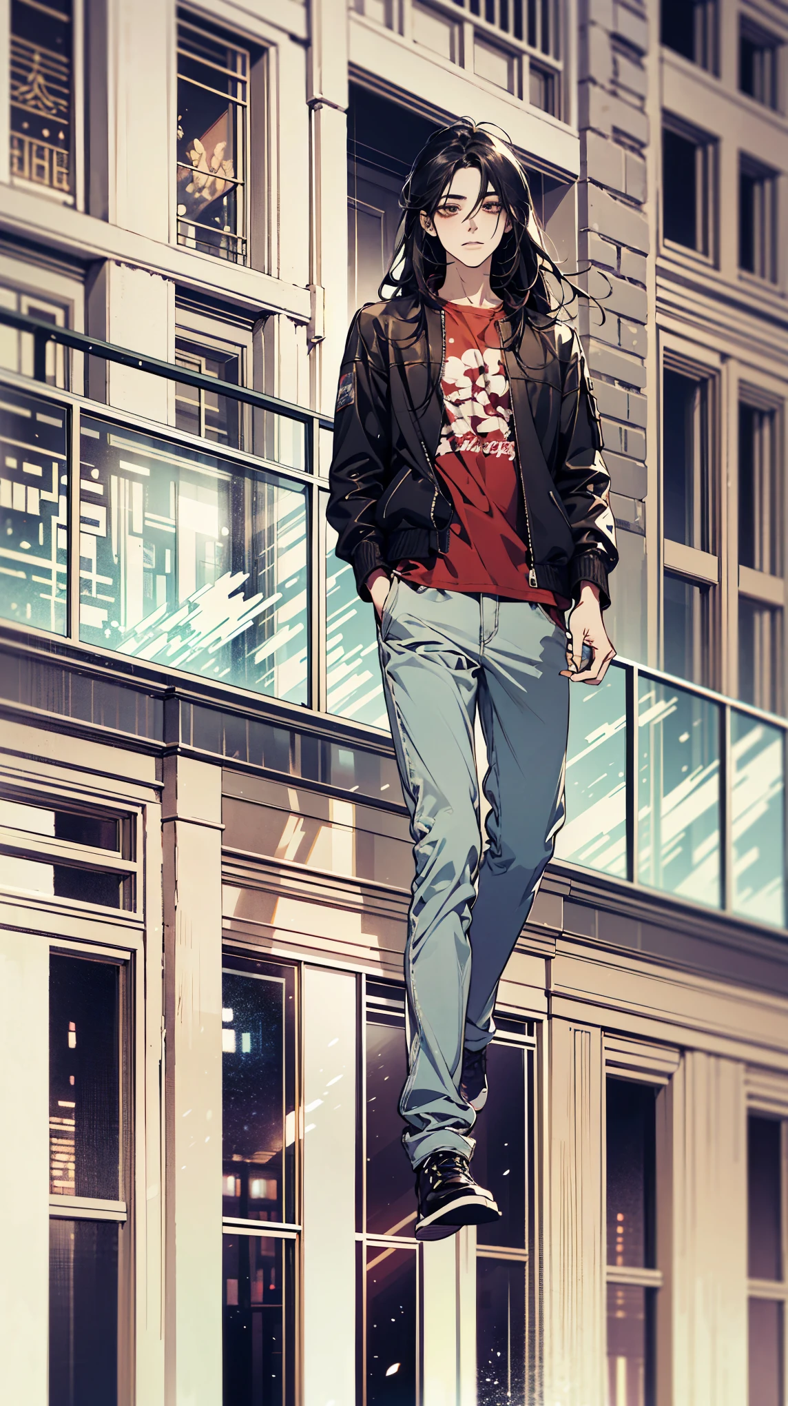 Digital painting of a young Chinese man in a modern casual outfit, wearing a stylish black leather jacket with red accents and a simple white t-shirt underneath. Long flowing black hair caught in a gentle breeze, with a confident and relaxed expression. Casual pose with arms crossed, athletic build. Background features a cityscape with buildings covered by a layer of translucent glass, symbolizing a space-time constraint ability, and rendered (((in a single color tone))), such as light blue. The glass layer creates a subtle, shimmering effect over the entire background. Lighting: bright daylight with soft shadows. Art style: semi-realistic digital painting, high detail, clean lines, contemporary urban aesthetic. Include fabric texture details and subtle reflections on the leather jacket.