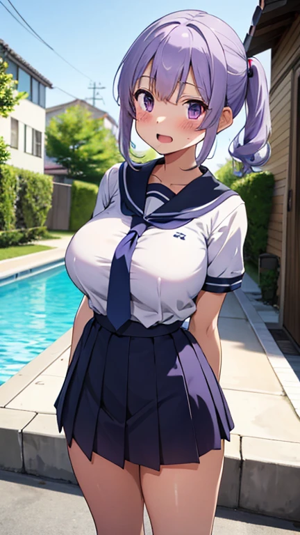 masterpiece、highest quality、Very detailed、Photograph the upper body、1 female、(Arms behind your back:1.4)、Are standing、Turn your body forward、View your viewers、(Sailor School Swimsuit)、blush、shy、Purple Hair、Open your mouth、Ocean、Big Breasts、