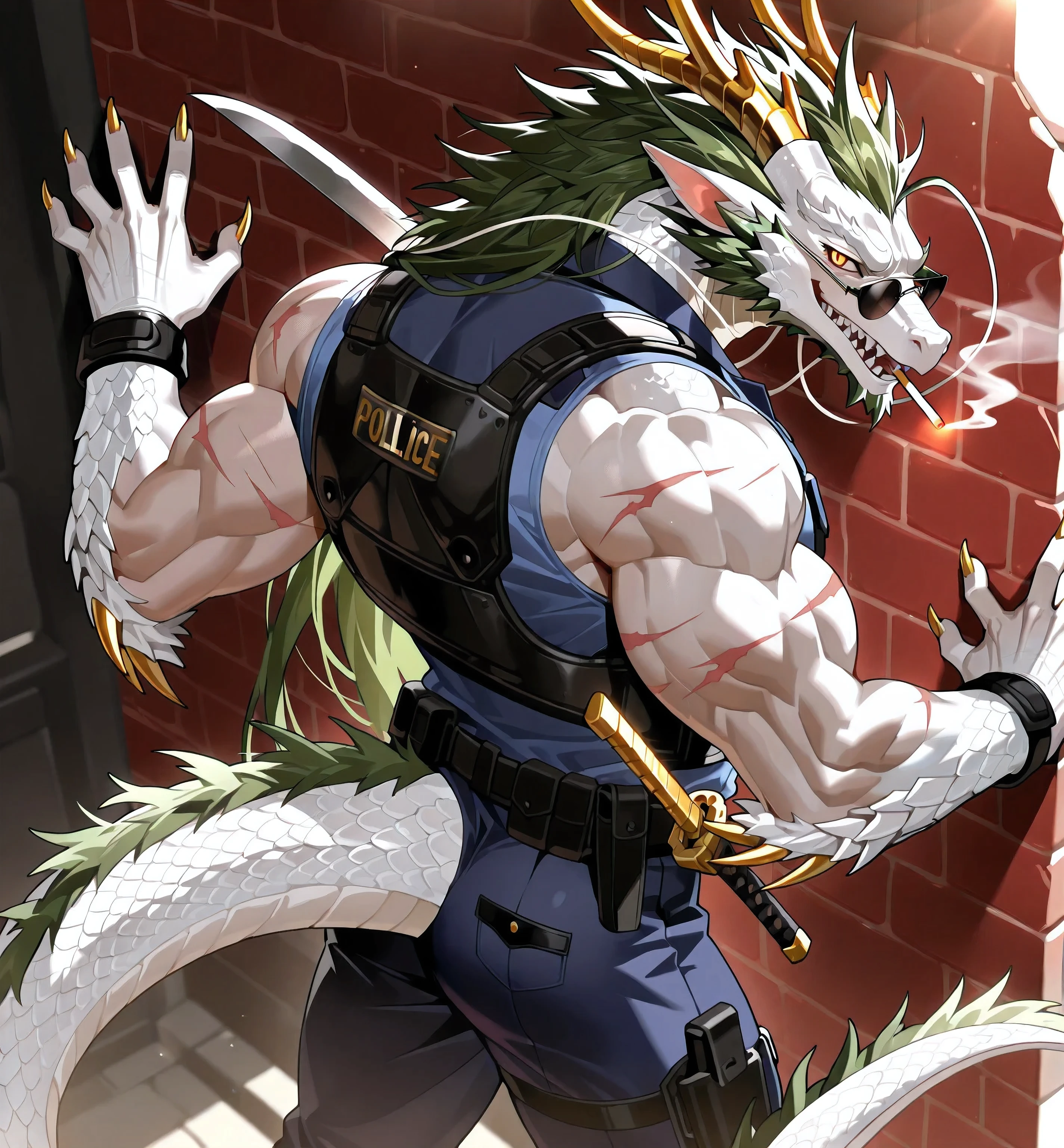 masterpiece, 最 high quality, high quality, ultra-high resolution , anime style,Fantasy magic style ,( Muscular ,Big muscles, Muscular male:1.1),alone,whole body,1male,furry,White Oriental Dragon,White Dragon Scales , white body , Golden Dragon Horn, Dragon Horn has a colorful ring ,delicate eyes,detail eyes,Heterochromic pupils,a red eye , a golden eye ,White sclera, Visible scars on the face , white body 标记 ,5 Dragon Fingers ,5 toes,Dragon claws:1.2,Golden Dragon Nails ,Dark green hair , Tail cluster , wearing a police uniform ,( white dragon claws with element rings floating on your back:1.2), sunshine,( sunshine照在脸上:1.3, wearing a police uniform ,standing against the wall),whole body wearing a police uniform ,sunglasses, with a cigarette in his mouth ,,Evil Smile,standing against the wall,Cold Breath , A sunny, and a golden ring of reincarnation appears on the back ,Brilliant,Holding a sword in his claws , wearing black armor ,front viewer,by fansl:0.8,by bebebe:0.3,by sollyz:0.6,by shanggulangwang :0.6
