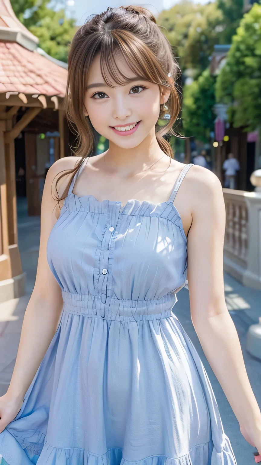 (Ultra- high resolution, DSLR shot , 8k, top quality, high resolution, top quality, 最 high resolution, very beautiful woman , perfect anatomy), light brown eyes, very light brown eyes, small diamond-shaped earrings , A cute, loose-fitting medium ponytail that makes you look directly at the camera , Beautiful brown hair , ((, LOOSE CUTE MEDIUM PONYTAIL)), VERY SHORT BEAUTIFUL BROWN HAIR BANG , E-cup Breasts, Very beautiful 20 year old, lip gloss, Very happily is laughing, very cute smile with thin, transparent nipples, Upper teeth, beautiful teeth , ( Disneyland ( background only )), Slightly larger eyes, Small face, tall supermodel , Beautiful model, ( random cute pose ), Dynamic Angle, gaze focus, head tilt, Highly detailed and realistic, Very beautiful 20 year old, (( intermediate shot)), Sharp jaw, ((A dress with a cute random pattern)), Deep waistline, sexy legs , front view, Very happily is laughing, is laughing, Summer daytime
