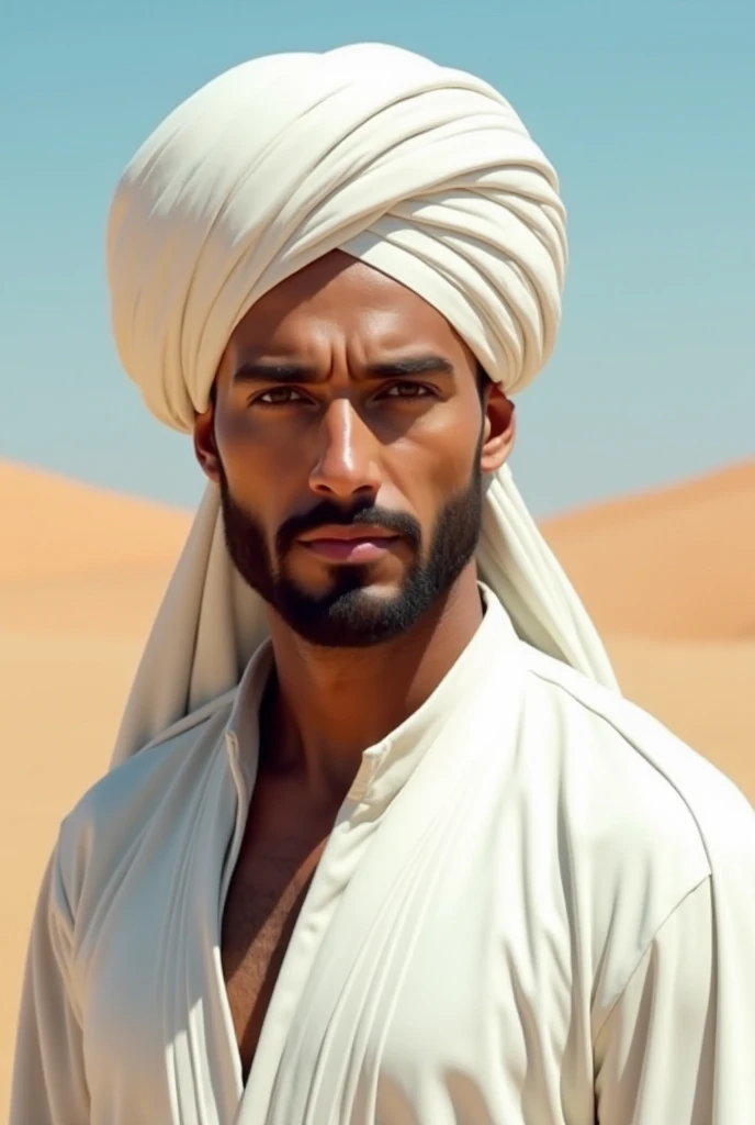 a beautiful model cyberpunk criminal young man, strong muscular man, dark hair, grey eyes, tattooed, short beard, standing on a dune in Sahara desert, bare chest, Arabic turban, white linen trousers, desert oasis, looking away from camera, peacock