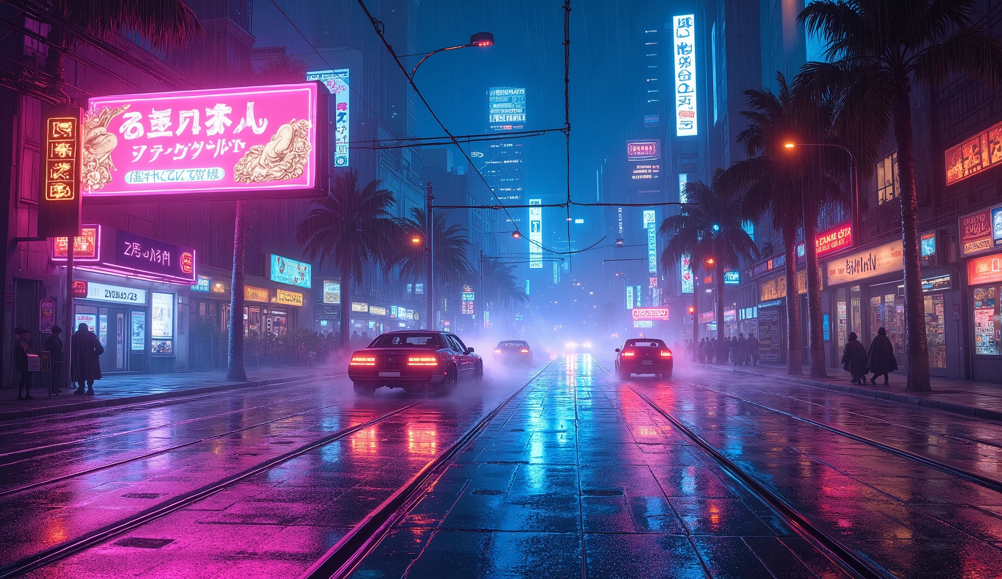 very-low-angle first-person view of a neon-drenched cyberpunk crossroads at midnight,  
retro-futuristic intersection with glowing traffic lights (cyan, magenta, amber),  
holographic billboards floating above, displaying Japanese kanji and retro ads,  
neon-lit tram tracks crossing the road, pulsating road markings in electric purple,  
cyberpunk vehicles with glowing underglow (teal, pink) speeding through rain,  
1980s-style cars mixed with flying drones, flickering neon shop signs (noodle bars, arcades),  
steam rising from sewer grates, rain droplets distorting neon reflections on wet asphalt,  
enorme hologramas de monstros digitais e moedas brilhantes pairando sobre prédios,  
retro palm trees with neon fronds, strobing police sirens in the distance,  
cinematic depth of field, motion blur from passing cars, CRT scanlines overlay,  
art deco skyscrap