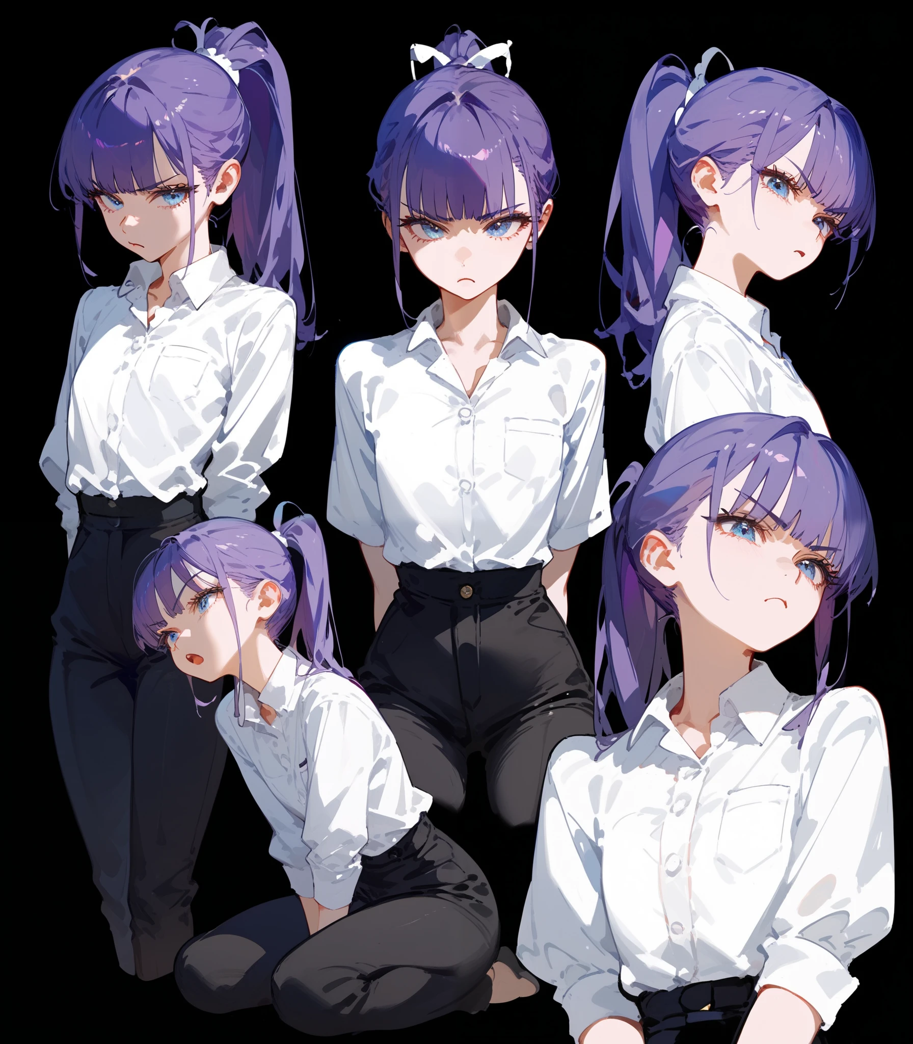 girl, Purple Hair, in blue eyes, Ponytail, Cute,White teacher's shirt,Fierce face, black pants ,Multiple Belts , small chest, black background,sit,serious,Open your mouth,