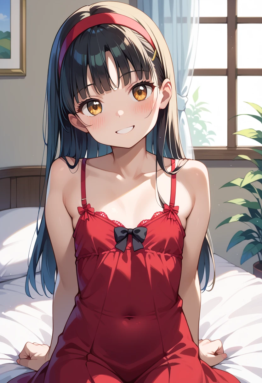(8K、Highest image quality、highest quality、masterpiece)、detailed face、((One loli))、black hair、twintails、gray eyes、evil smile、((smile))、small breasts、((pink negligee))、sit、cowboy shot、hakohel, scenery, pillow, bed, door, tissue box、towel、(object)、((pink lighting:1.2))