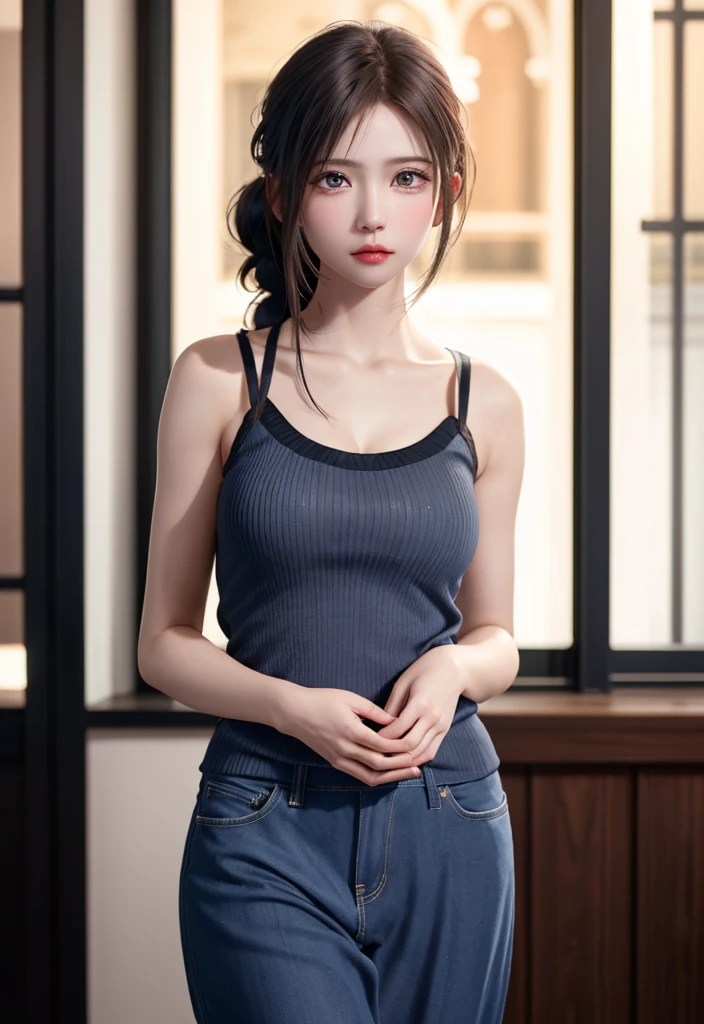 8K, of the highest quality, masutepiece:1.2), (Realistic, Photorealsitic:1.37), of the highest quality, masutepiece, Beautiful young woman, Pensive expression, Gentle eyes, sexy camisole、Hair tied back, Messy mood, Cinematic background, Light skin tone