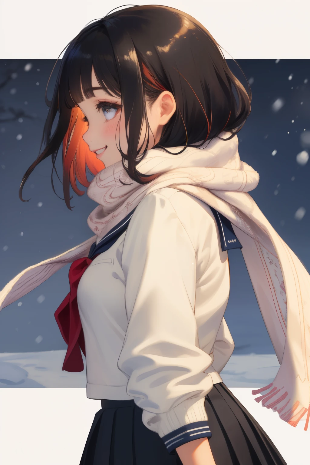 Anime girl with red hair and scarf walking in snow - SeaArt AI