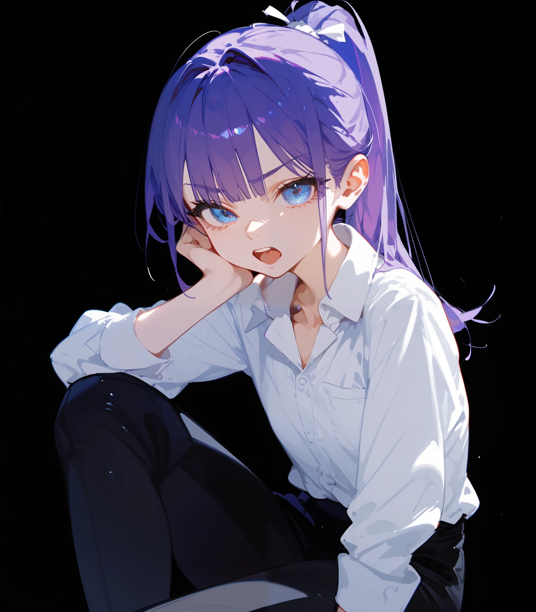 1 person, girl, Purple Hair, in blue eyes, Ponytail, Cute,White teacher's shirt,Fierce face, black pants , small chest, black background,sit,Open your mouth,Cross your legs
