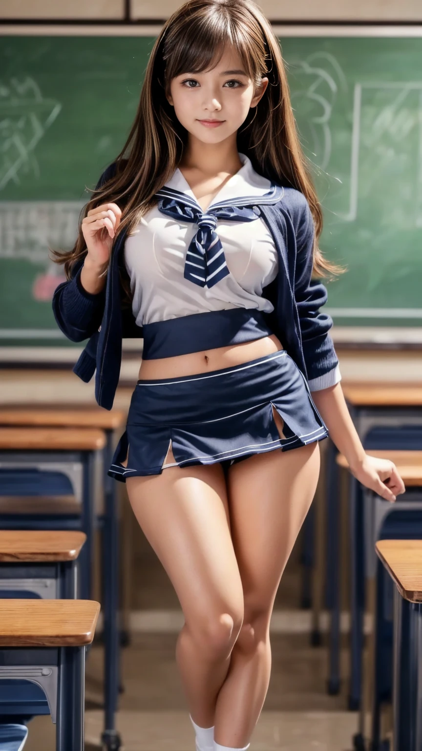 Masterpiece,top quality,very detailed,high resolution,( exist,photo exist:1.37),anatomically accurate on stepladder,beautiful woman,sexy pinup model,(well-proportion:1.3),(school classroom background),smiling,school girl,(cowboy shot:1.3),(focus on thighs:1.4),(high school girl uniform, sailor suit:1.4), red tie, shirt, blazer, cardigan, deep waistline,(navy blue super short micro mini skirt:1.4),beautiful face,cute type,baby face,slightly round face big eyes, beautiful eyes, brown eyes, obvious double, small cute nose, glossy lips, big natural color lips,((light brown long hair)), asymmetrical bangs, beautiful bangs, character focus, head tilt, best light, best shadow, mysterious, in another dimension Perfect Face,Very detailed,Мягкая кожа,( growing skin,sweating:1.2),(beautiful legs,thick thighs,big tits,perfect body),(expresses roundness and softness of bust ......... .1),Beautiful body,(perfect female),(legs),(balanced model-like figure:1.4),(active, vibrant, energetic high school girl:1.4)